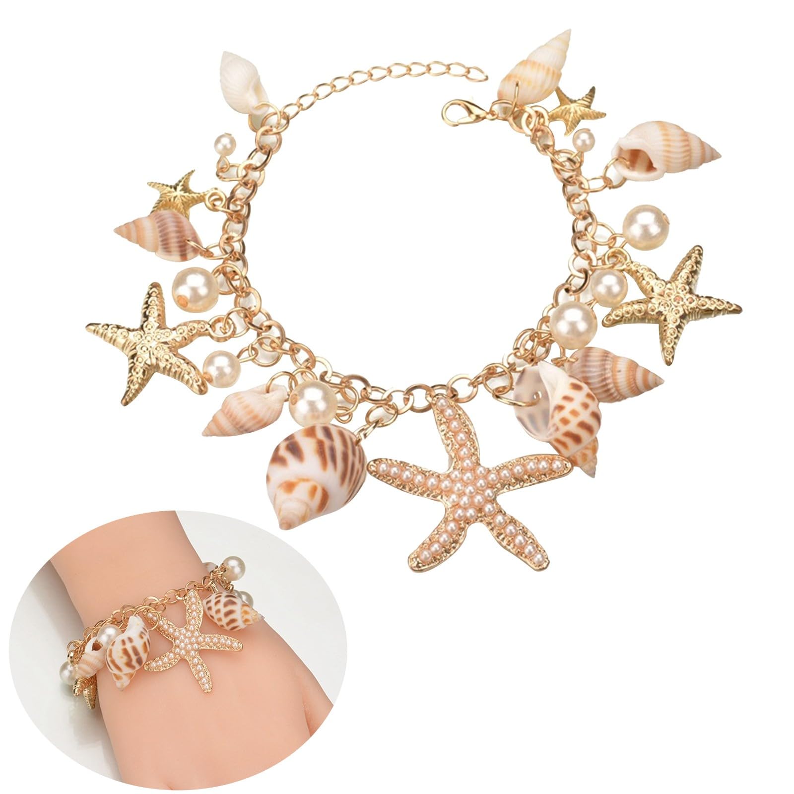 Beach Bracelets for Women - Seashell & Starfish Charm Bracelet Jewelry Set, Hawaiian Shell Anklet, Mermaid Costume Accessories for Girls - Perfect for Vacations, Beach Parties & Summer Outfits