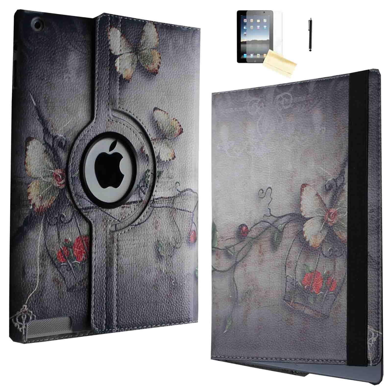 360° Rotating Magnetic Leather Smart Cover Case for iPad Air 2 with Stand - Includes Screen Protector, Stylus & Cleaning Cloth (Butterfly Flower Design) | Perfect for Work, Study & Travel Protection