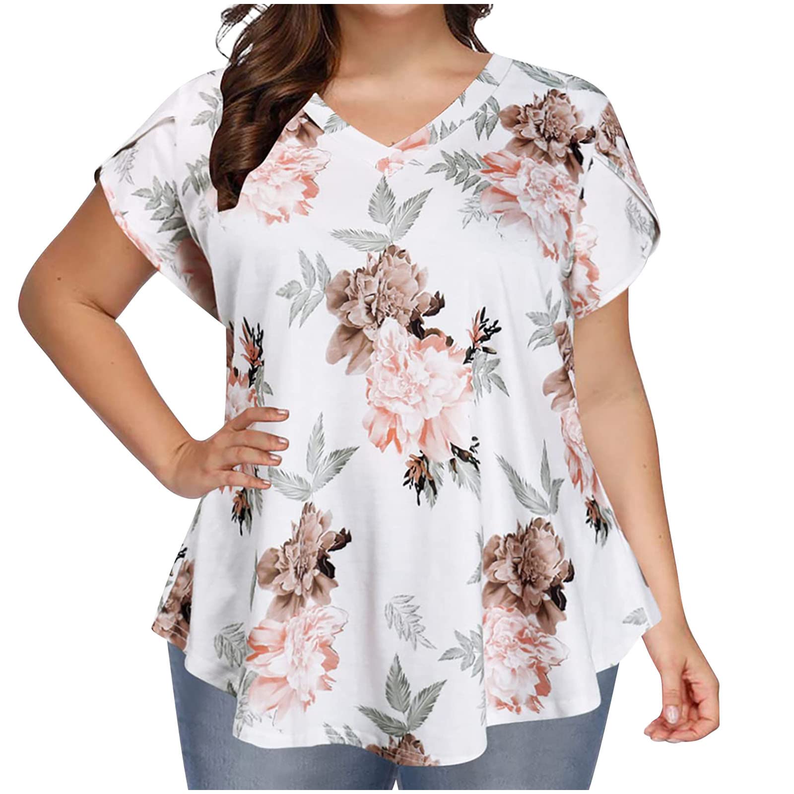 Plus Size Women's Summer Short Sleeve V-Neck T-Shirts - Trendy Floral Print Casual Blouses, Loose Fit Pullover Top in White | Perfect for Beach Outings, Weekend Wear & Summer Vacations