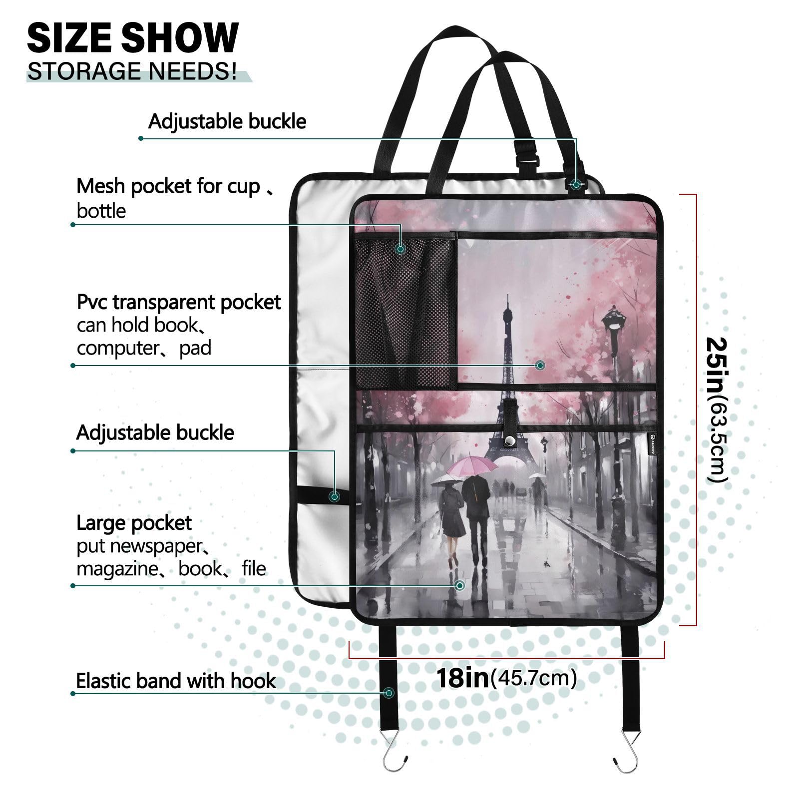 Sinestour Waterproof Eiffel Tower Paris Car Back Seat Protector - 2 Pack Kick Mats with Storage Pockets for Kids, Dirt & Mud Protection - Perfect for Family Road Trips, School Runs & Pet Travel Accessories