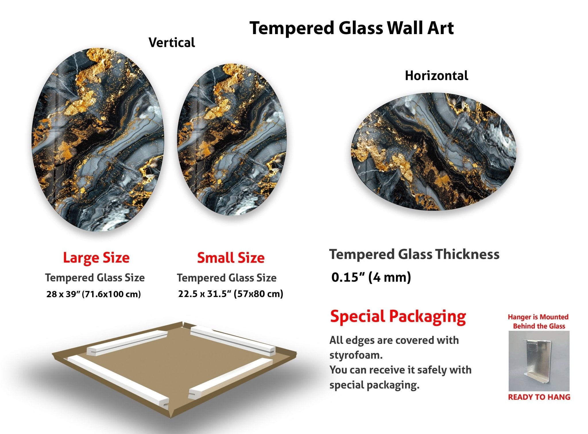 Asymmetric Oval Black Gold Splash Glass Wall Art - Modern Abstract Home Decor for Living Room, Bedroom & Office - Unique Handmade Glass Painting for Wall Decoration