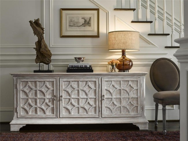 French Arched Carved Diamond Doors Buffet Sideboard - Whitewashed Solid Wood Dining Room Storage Cabinet 63