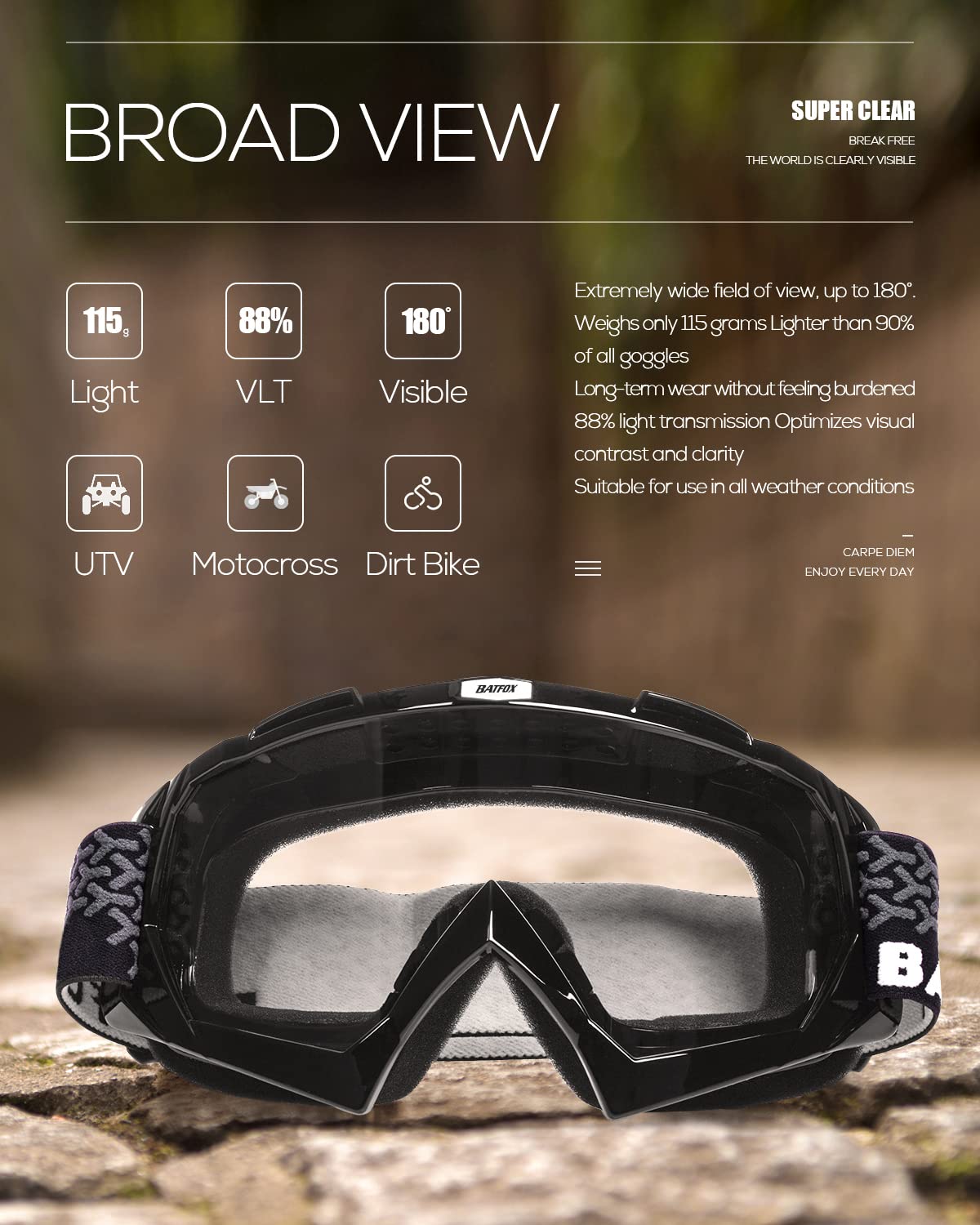 BATFOX Dirt Bike Goggles for ATV & Motorcycle Riding - UV Protection, Anti-Fog, Dust-Proof Safety Glasses for Men, Women & Youth - Clear-Black Lens with Anti-Slip Strap - Perfect for Motocross, MX, DH & 4-Wheeler Off-Road Adventures