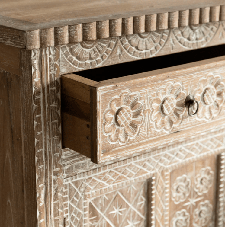 Hand Carved Solid Wooden Indian Cabinet - Traditional Handcrafted Storage for Home Decor, Living Room & Bedroom Organization