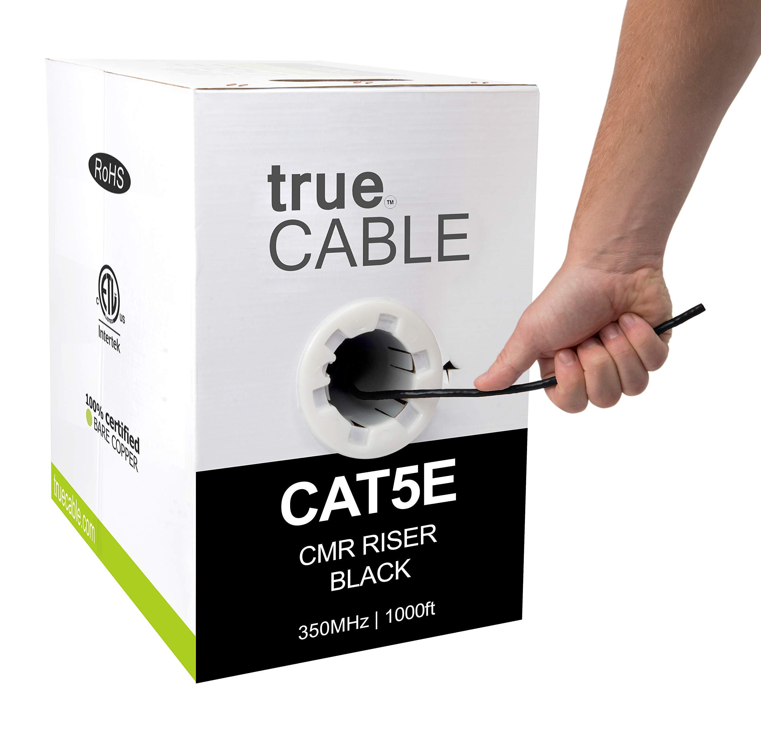 trueCABLE Cat5e Riser (CMR) Ethernet Cable - 1000ft Black 24AWG 4-Pair Solid Bare Copper, 350MHz, PoE++ (4PPoE) Certified, UTP Bulk Cable for Office Networking, Home Internet, and Data Center Installations