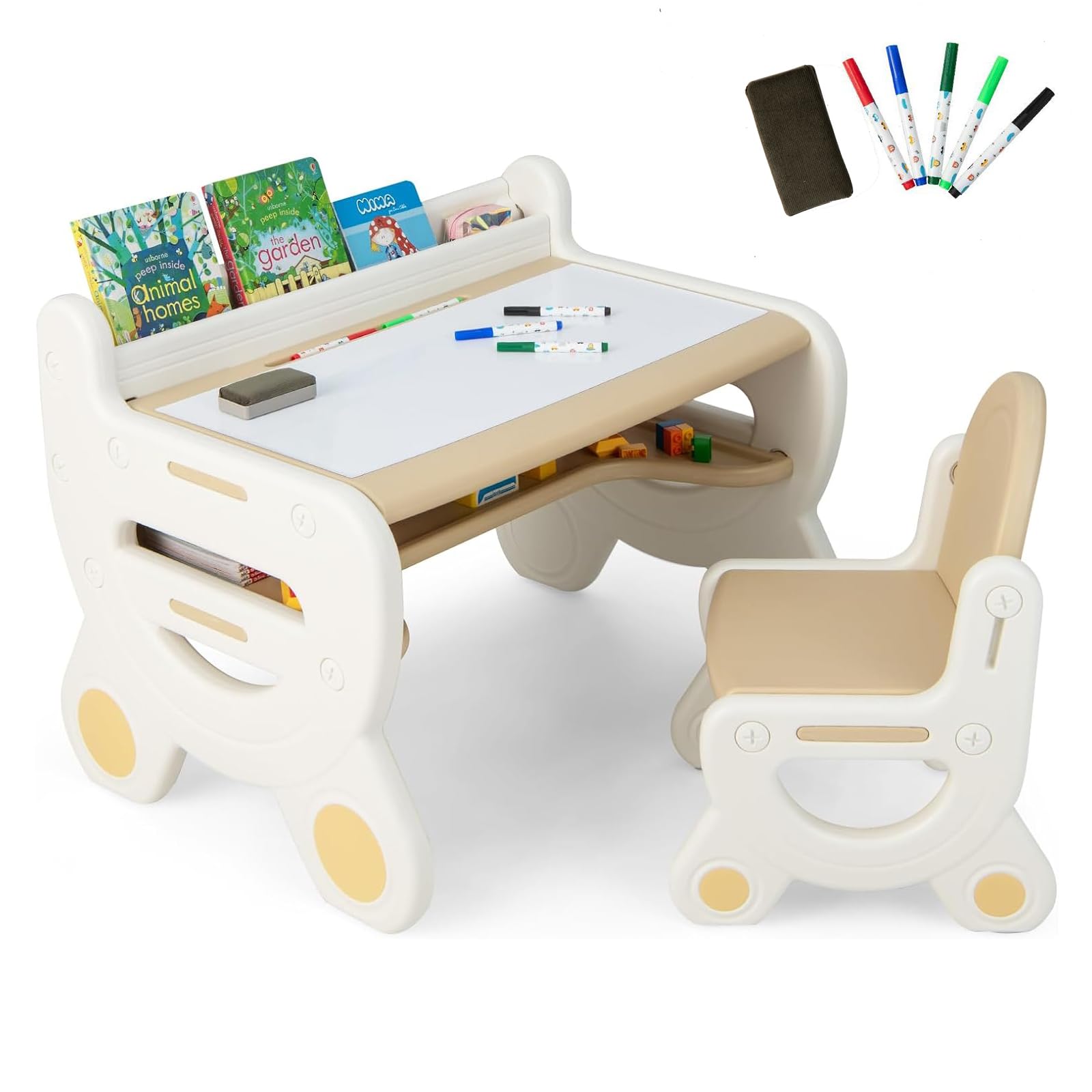 Costzon Kids Table and Chair Set - Plastic Activity Table with Watercolor Pens, Blackboard Eraser & Storage Shelf for Drawing, Reading, Playing & Eating - Toddler Table and Chair Set (Coffee) - Perfect for Preschool Learning, Arts & Crafts, and Playroom Activities