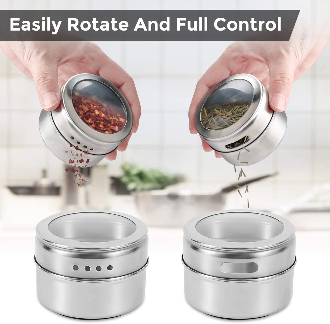 12-Piece Magnetic Spice Jars Set - Stainless Steel Wall Mounted Spice Containers with Strong Hold | Perfect for Kitchen Organization & Spice Storage
