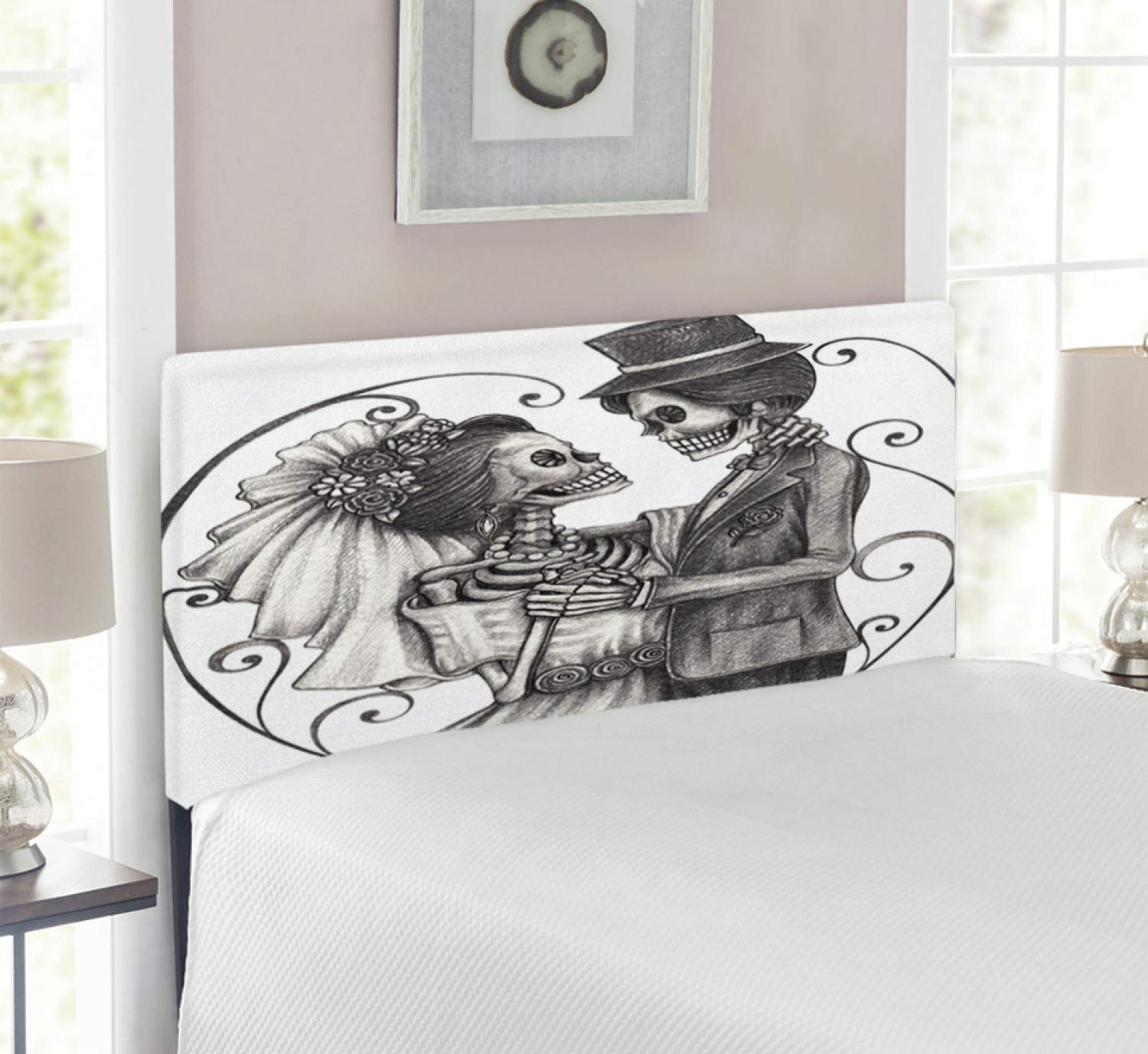 Ambesonne Day of The Dead Headboard - Love Skull Skeleton Marriage Eternal Love Theme Spanish Art Upholstered Metal Bed Headboard with Memory Foam - Twin Size in Dimgrey & White - Perfect for Gothic, Spanish, or Themed Bedroom Decor