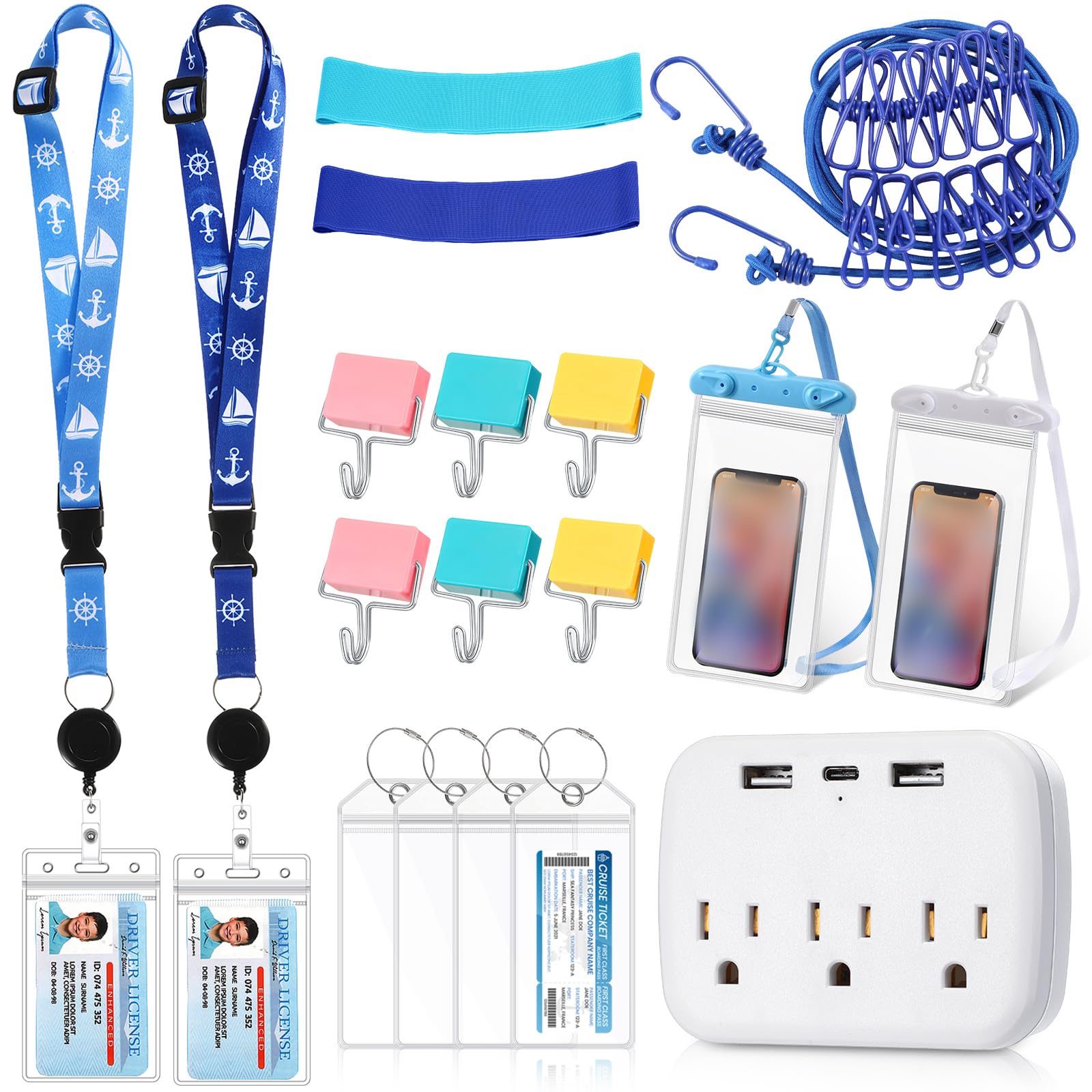 18-Piece Cruise Travel Essentials Kit - Power Strip, 6 Hooks, 2 Card Lanyards, 4 Luggage Tags, 2 Phone Bags, Clothesline & 2 Towel Bands - Perfect for Cruise Vacations, Family Trips & Travel Organization