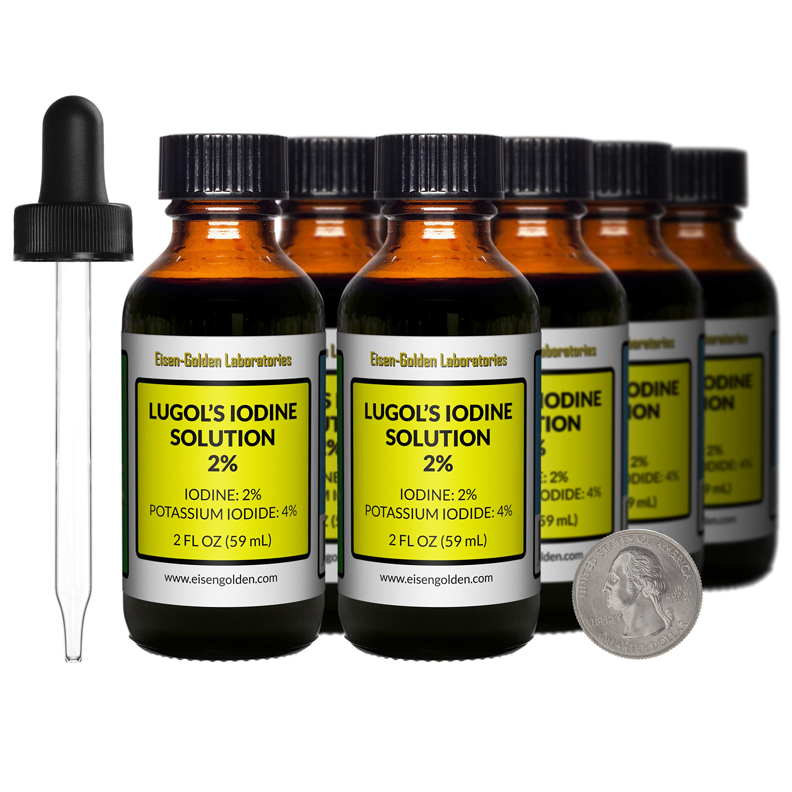 Lugol's Iodine 2% Solution - 16 Oz (8 Amber Glass Bottles) with Free Droppers - Made in USA - Perfect for Water Purification, Emergency Kits & Thyroid Support