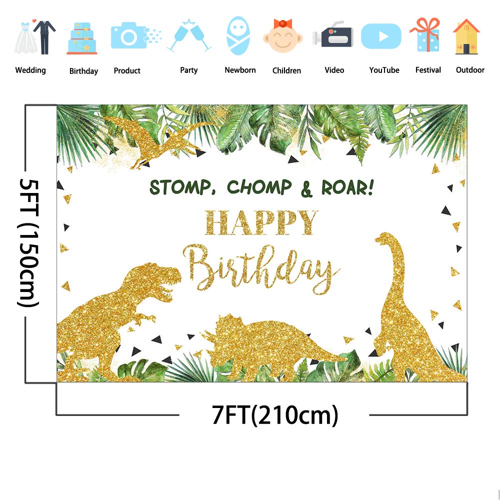 **Avezano 7x5ft Gold Safari Dinosaur Birthday Backdrop - Jungle Dino Party Background Vinyl Glitter Decor for Happy Birthday, Baby Shower & Kids Room Decoration**