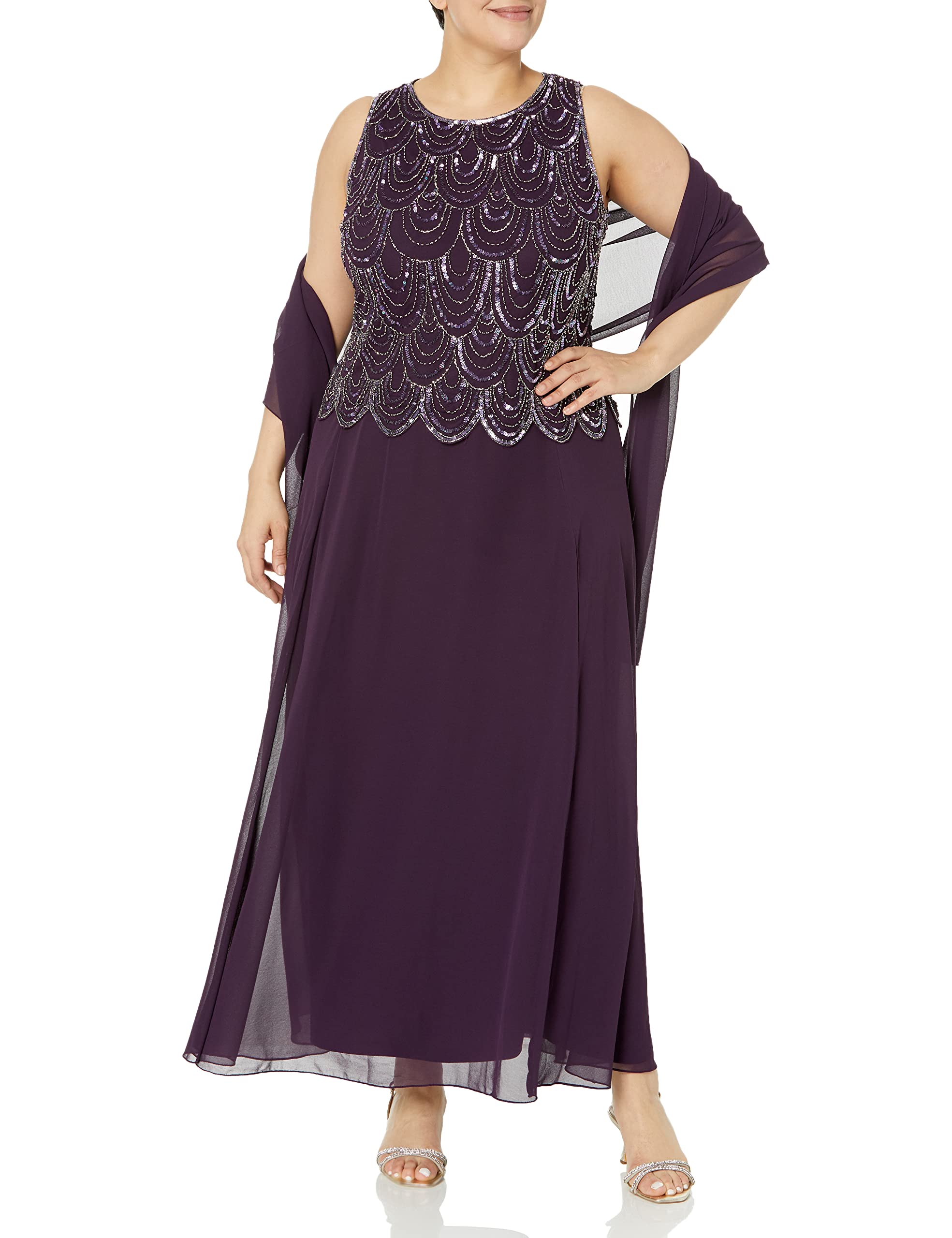 J Kara Women's Elegant Sleeveless Beaded Maxi Dress with Detachable Scarf - Perfect for Summer Weddings, Beach Vacations & Special Occasions