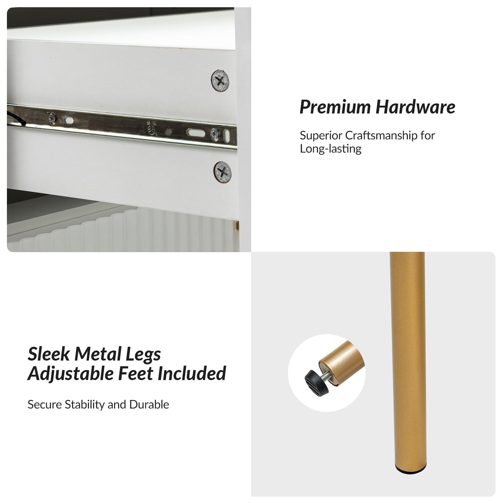 HULALA HOME Modern Nightstand Set of 2 - Wood Fluted Bedside Tables with Gold Metal Legs & Pull Handles, Glossy White Storage End Table for Bedroom & Living Room - Perfect for Small Spaces, Apartment Decor & Guest Room Furniture