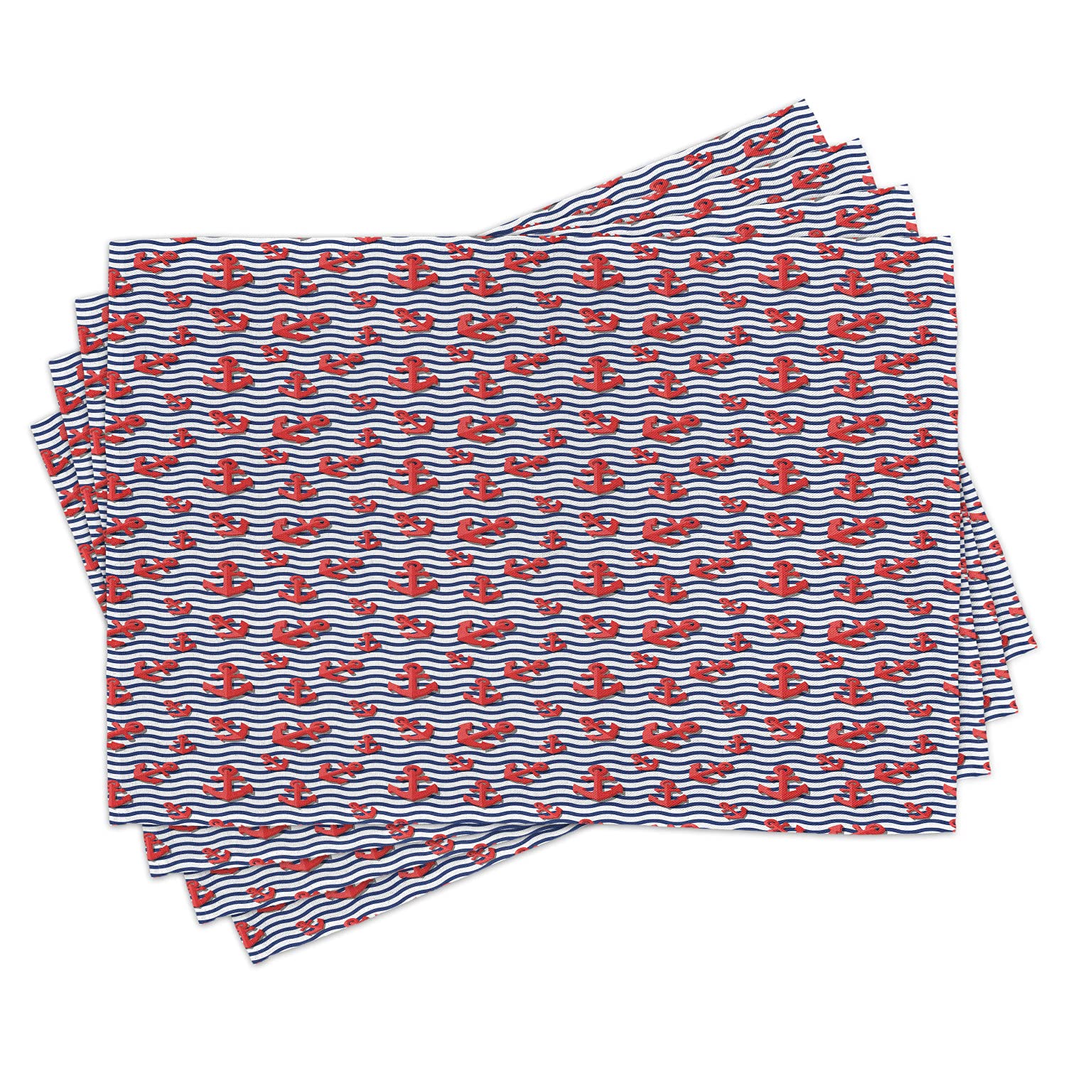 Ambesonne 4-Pack Anchor Design Place Mats – 3D Wavy Stripes Marine Theme, Washable Fabric Dining Table Mats in Vermilion & Navy Blue – Perfect for Summer Parties, Beach-Themed Dinners & Nautical Home Decor