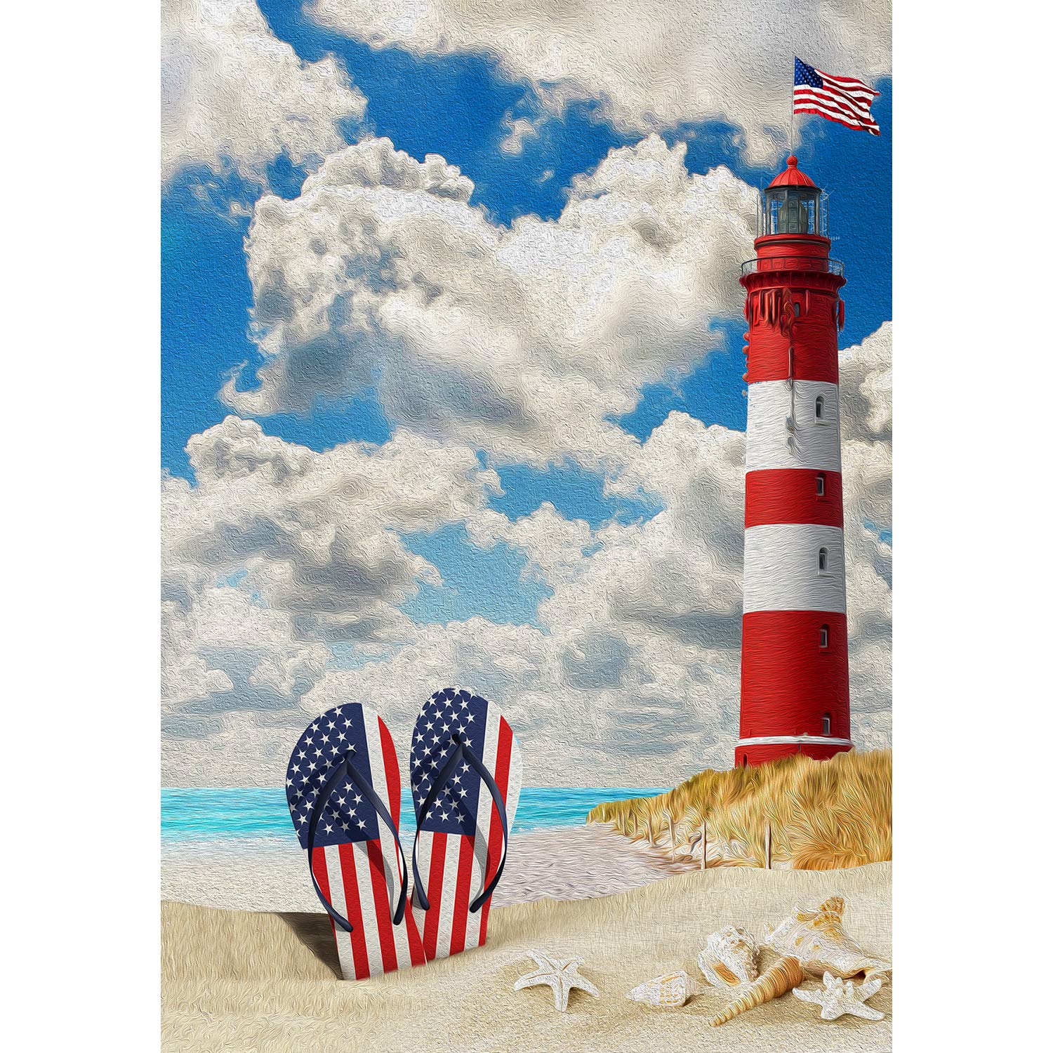American Patriotic Flip Flops Summer Garden Flag – USA Beach Lighthouse Nautical Decor – Double-Sided Outdoor Yard Flag 12.5 x 18 Inches – Perfect for 4th of July, Memorial Day & Backyard BBQs