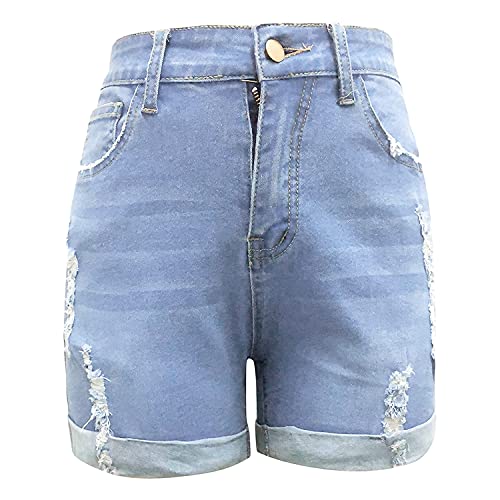 Women's Stretchy Distressed Rolled Denim Shorts - Plus Size Ripped Jean Shorts with Folded Hem & Hole Details (Light Grey, X-Large) | Casual Summer Outfits, Beach Wear & Street Style Fashion