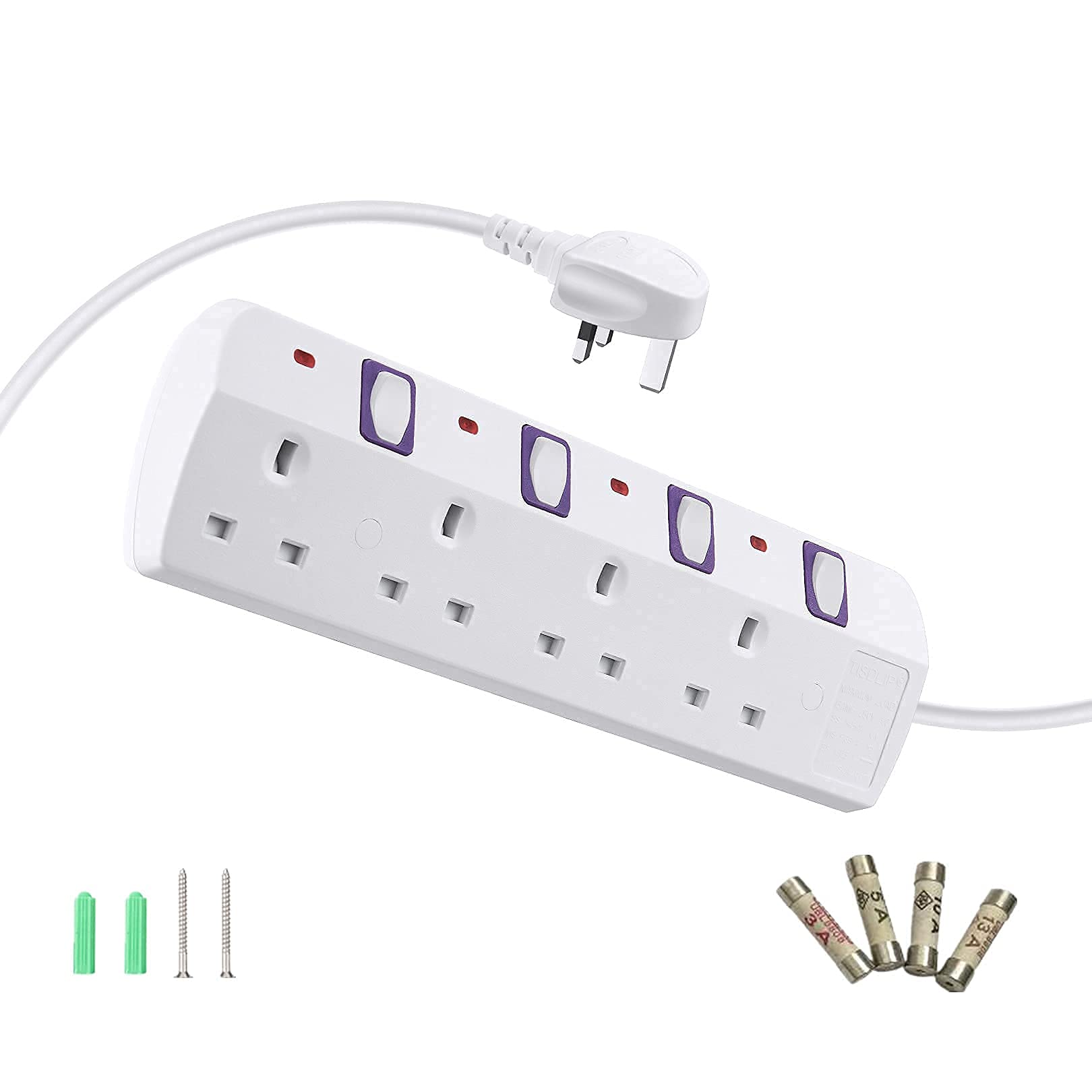 4-Way Extension Lead with 1.8M/5.9FT Cable, Multi Socket Power Strip - White | Mountable for Home, Office & Workshop Use | TISDLIP Plug Extension for Electronics & Appliances