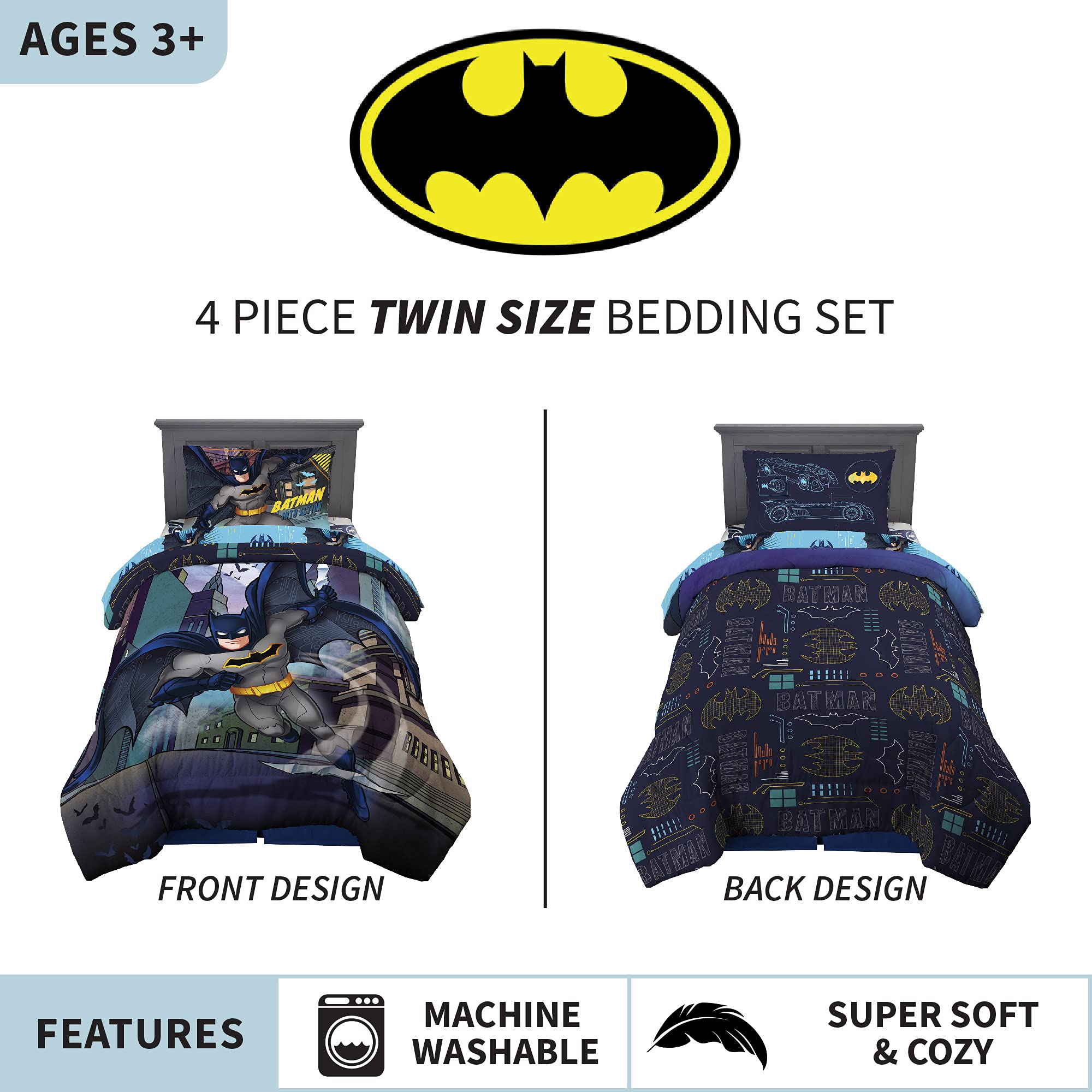 Super Soft Franco Kids Bedding Set - 4 Piece Twin Size Batman Comforter & Sheet Set for Boys' Room Decor | Perfect for Superhero Themed Bedrooms & Cozy Sleep