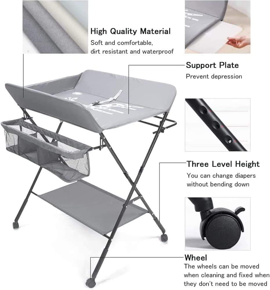 Portable Baby Diaper Changing Table with Wheels & Storage Baskets - Foldable Nursery Organizer for Home, Travel & Daycare Use