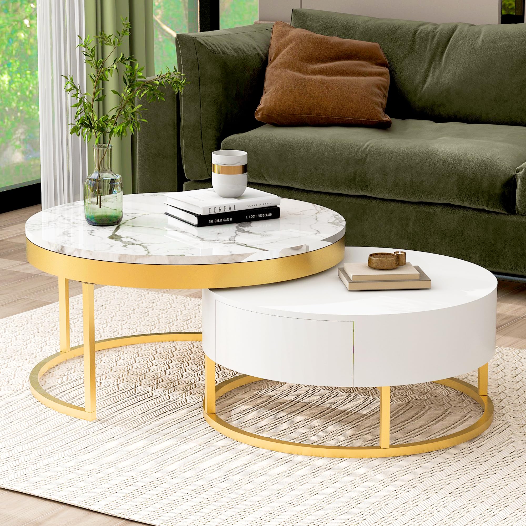 Modern White Round Nesting Coffee Table with Drawers - Stylish Circle Living Room Furniture for Small Spaces | Perfect for Apartments, Lounge Areas & Home Decor