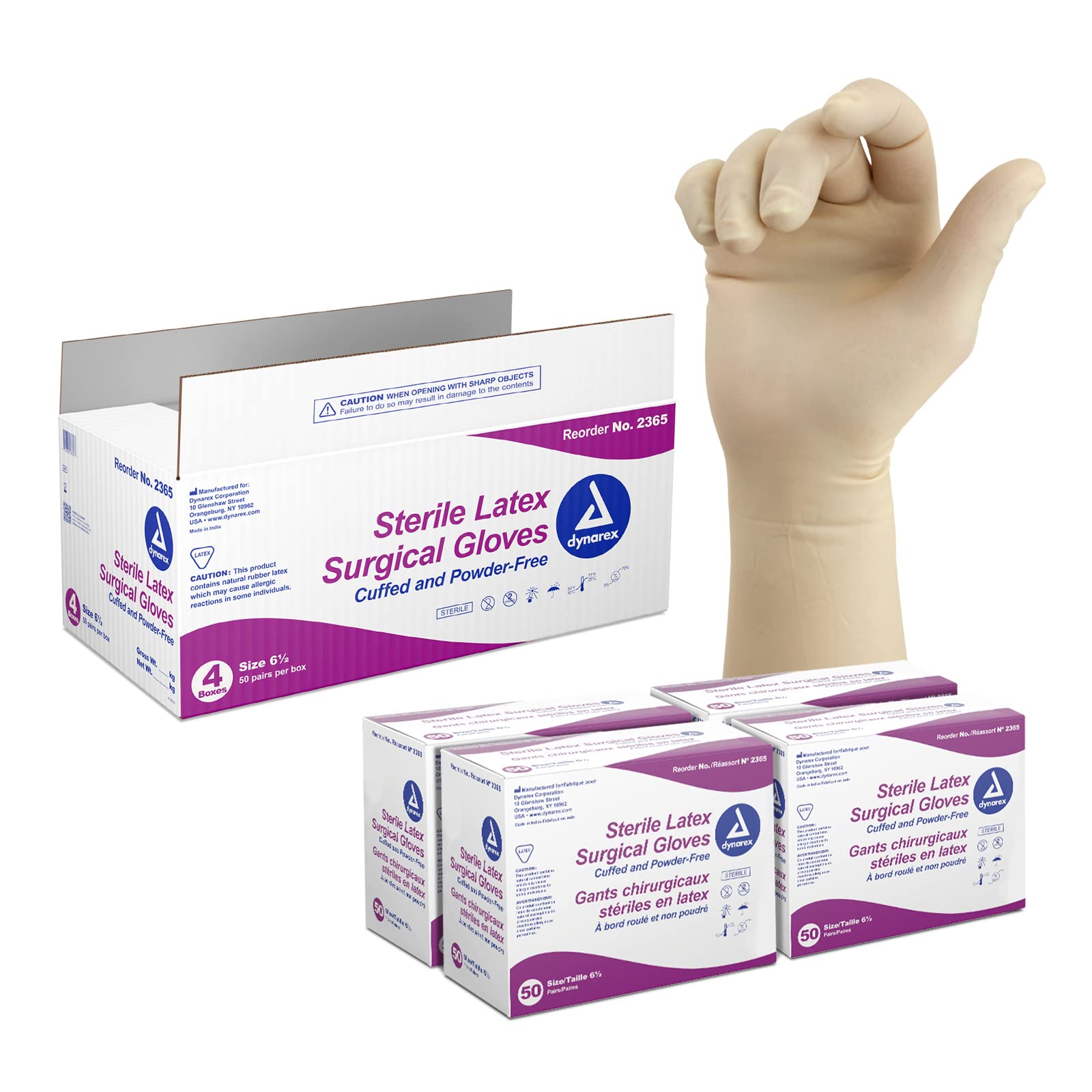 Dynarex Sterile Disposable Latex Surgical Gloves - Powder-Free, Individually Packed (200 Pairs) - Size 6.5 Bisque - Medical, Healthcare & Veterinary Use - Ideal for Hospitals, Clinics & First Aid Kits