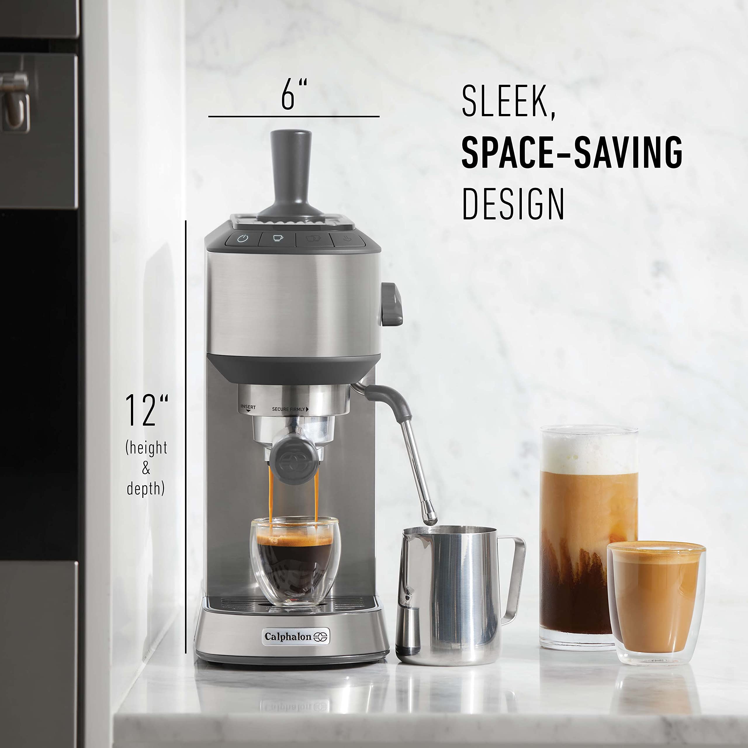 Calphalon Compact Espresso Machine with Milk Frother - Stainless Steel Home Coffee Maker for Latte, Cappuccino & Espresso - Perfect for Small Kitchens & Office Use