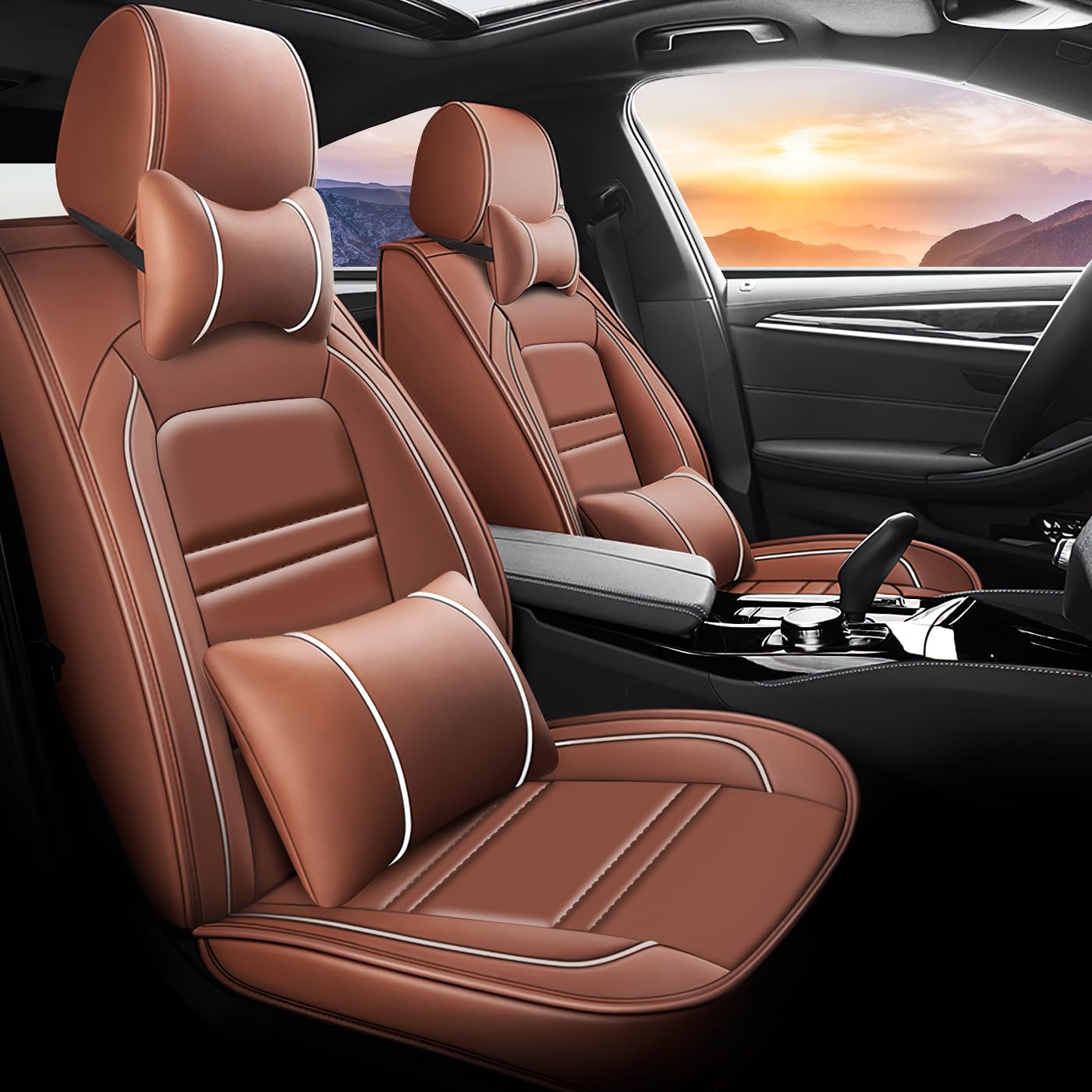 Premium Leather Car Seat Covers for Toyota Sequoia 2001-2023 - 5-Piece Set with Front & Rear Seat Protectors, Wear-Resistant, Waterproof & Easy to Clean (Includes Headrest Pillows & Coffee Cup Holder) - Perfect for Road Trips, Daily Commutes & Family Adventures