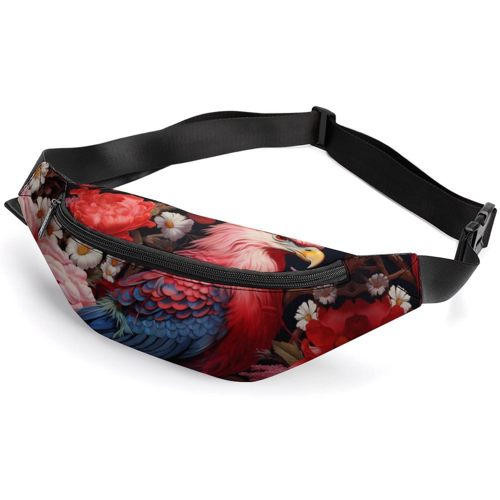 Red Floral Eagle Print Belt Bag - Adjustable Waist Pouch & Crossbody Bag for Women & Men - Perfect for Hiking, Travel, and Outdoor Adventures