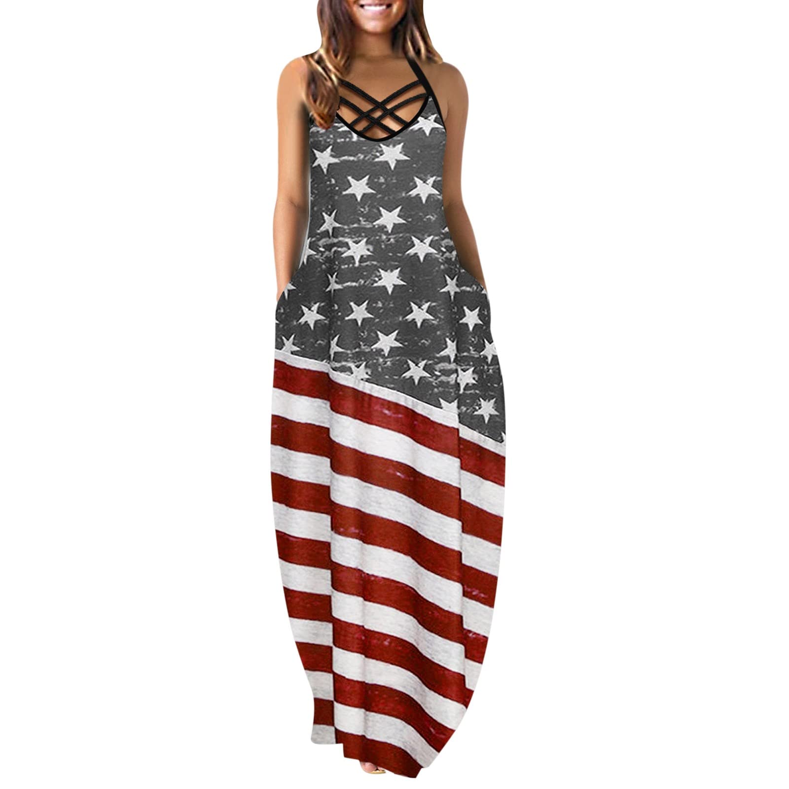Stylish Plus Size Maxi Dresses for Women - Sleeveless O-Neck Summer Dress with Double Pockets & Cross Strap | Perfect for Beach Vacations, Casual Outings & Summer Weddings 2023