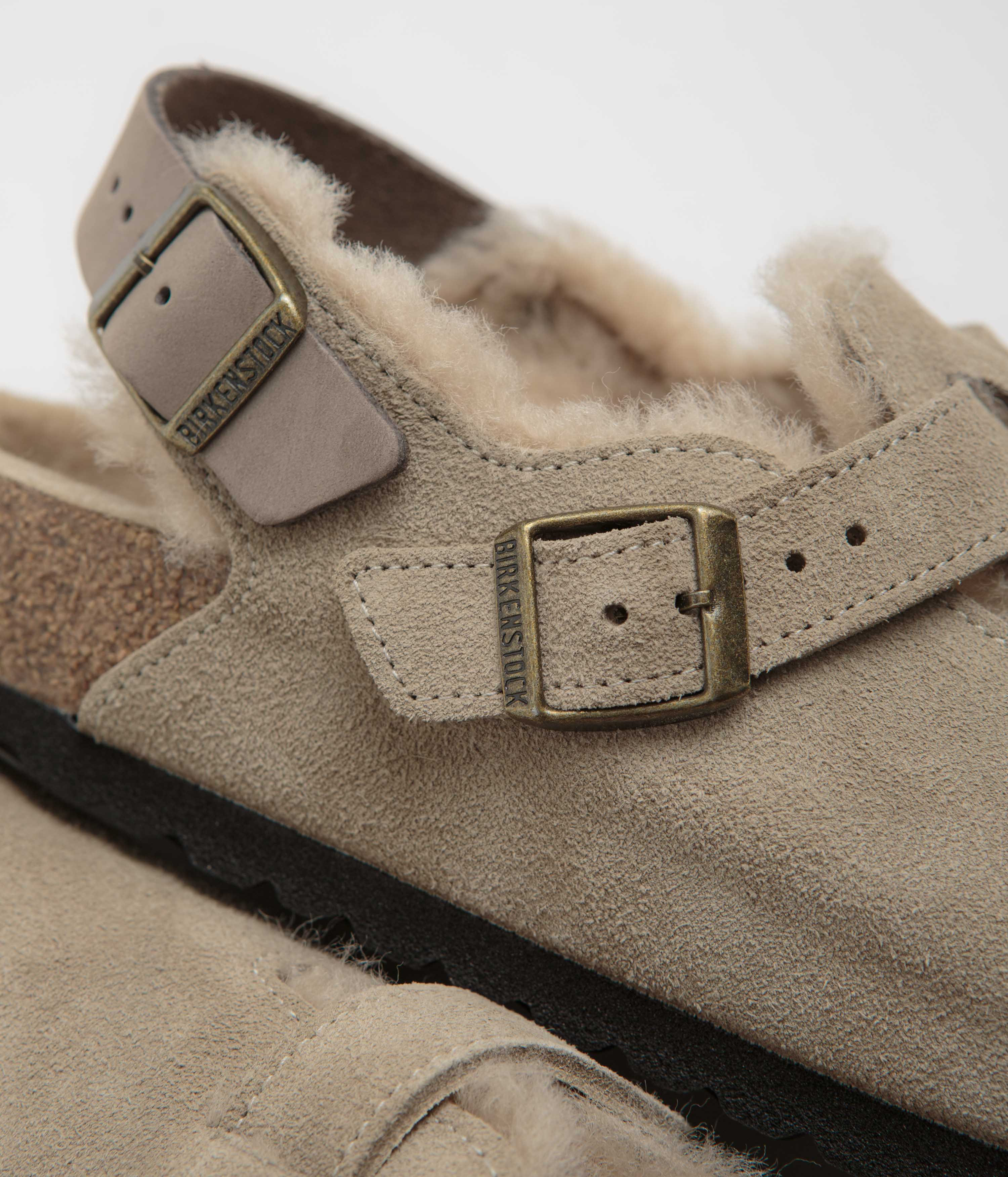 Birkenstock Tokio Shearling Sandals for Women - Soft Taupe Suede Footbed with Cozy Shearling Lining | Comfortable House Slippers & Indoor/Outdoor Slides for Relaxation