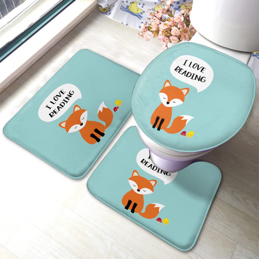 Swono 3-Piece Cute Fox Bathroom Rug Set - Non-Slip Cartoon U-Shaped Contour Rug, Toilet Lid Cover & Bath Mat with Rubber Backing - Soft Floral Fox Design for Kids & Adults Bathroom Decor