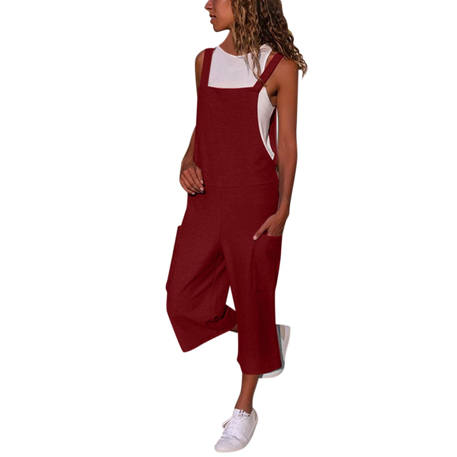 Women's Sleeveless Cargo Jumpsuit - Loose Fit Summer Casual Romper with Pockets, Plus Size Solid Spandex Outfit for Outdoor Activities, Travel & Streetwear Fashion