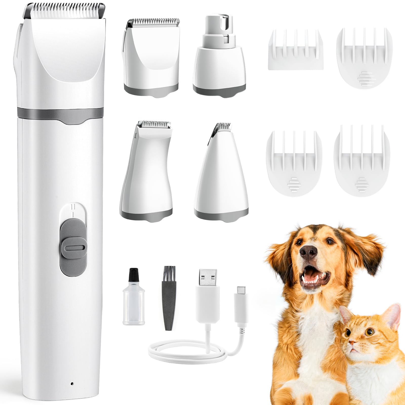 Professional 4-in-1 Cordless Dog Grooming Kit with Low Noise USB Clippers & Nail Grinder - Electric Pet Hair Trimmer for Dogs & Cats - Perfect for Paws, Eyes, Ears, Face & Matted Hair Care at Home