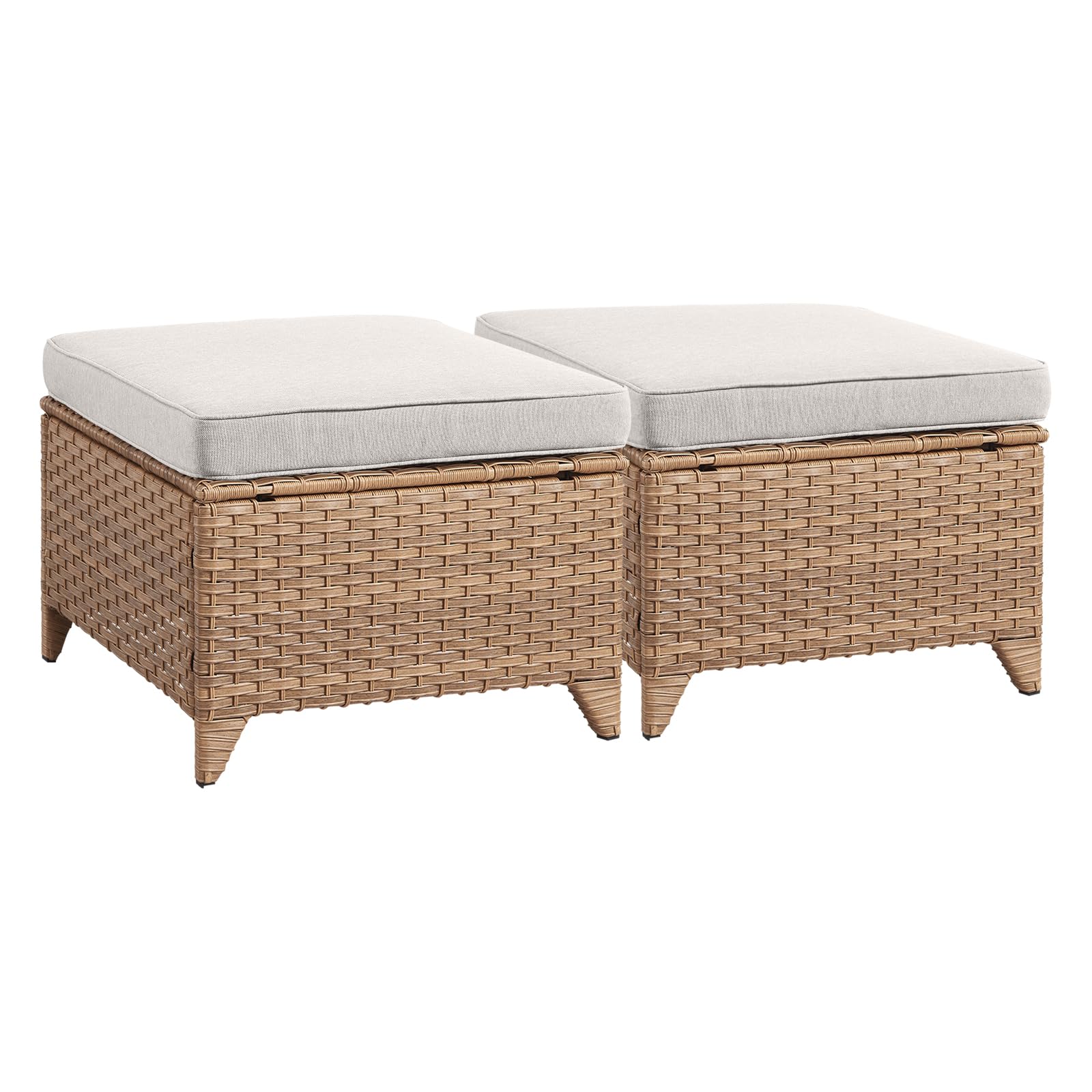2-Piece Outdoor Wicker Ottoman Set with Thick Cushions - Yellow/Beige Rattan Patio Footrest & Footstool for Garden, Poolside & Backyard Relaxation