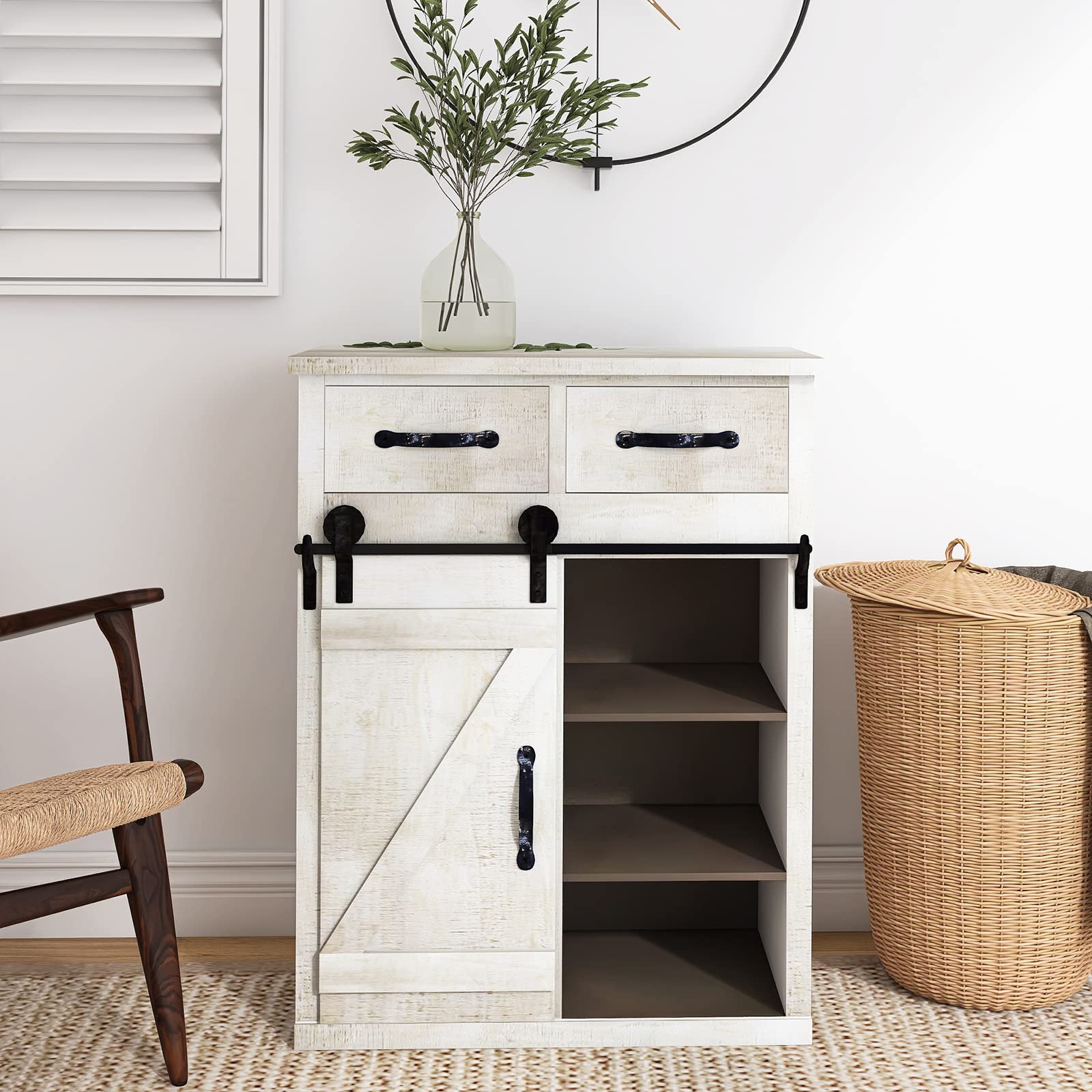 Rustic Fir Wood & Metal Farmhouse Barn Door Storage Cabinet - Multifunctional Accent Sideboard, Console Table & TV Stand for Living Room, Bedroom, Entryway - Antique White Finish - Durable Home Decor for Cozy Farmhouse Style