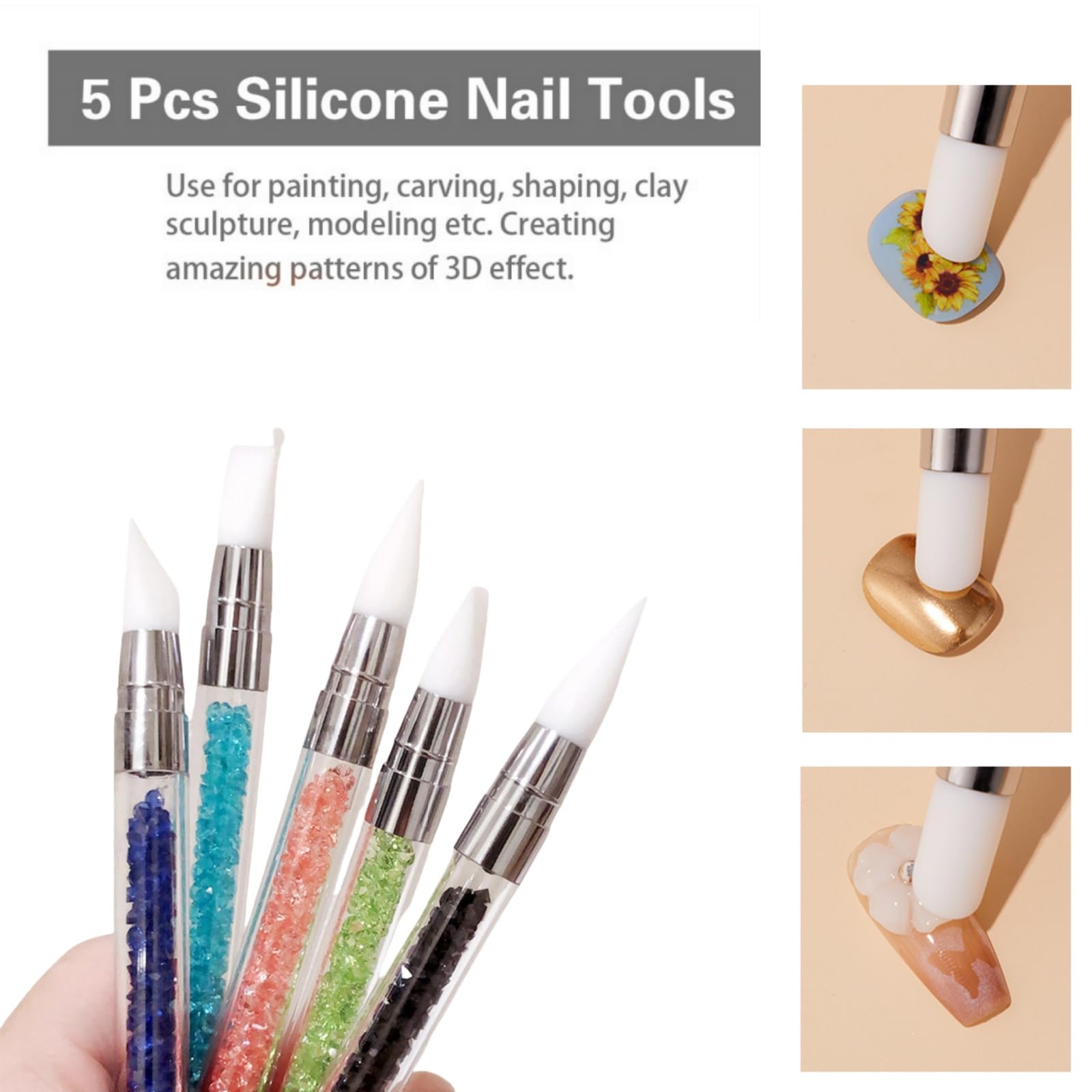 5 Pcs Silicone Nail Art Tools Set - Dual Tipped Nail Sculpture Pen, Rhinestone & Polish Carving Pen with Rubber Tips - Perfect for DIY Nail Art, Salon Professionals & Home Manicures