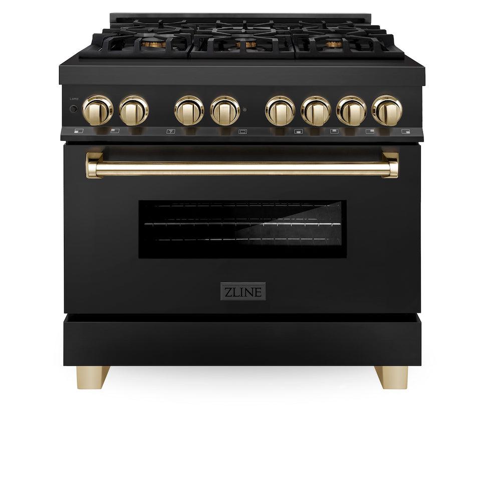 ZLINE Autograph Edition 36-inch Black Stainless Steel Dual Fuel Range with Range Hood & Dishwasher - Professional Kitchen Package with Polished Gold Accents (3AKP RABRHDWV36 G) | Perfect for Gourmet Cooking & Luxury Home Renovations