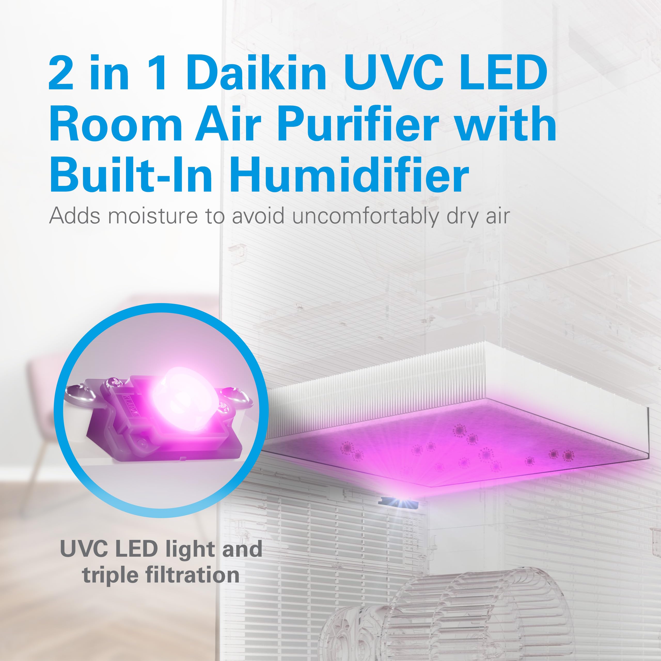DAIKIN MCKB70YSAU HEPA Air Purifier with Activated Carbon & UVC LED Light - Zero Ozone, CARB Certified (12.5x12.5x30 in) for Bedroom, Office & Allergy Relief