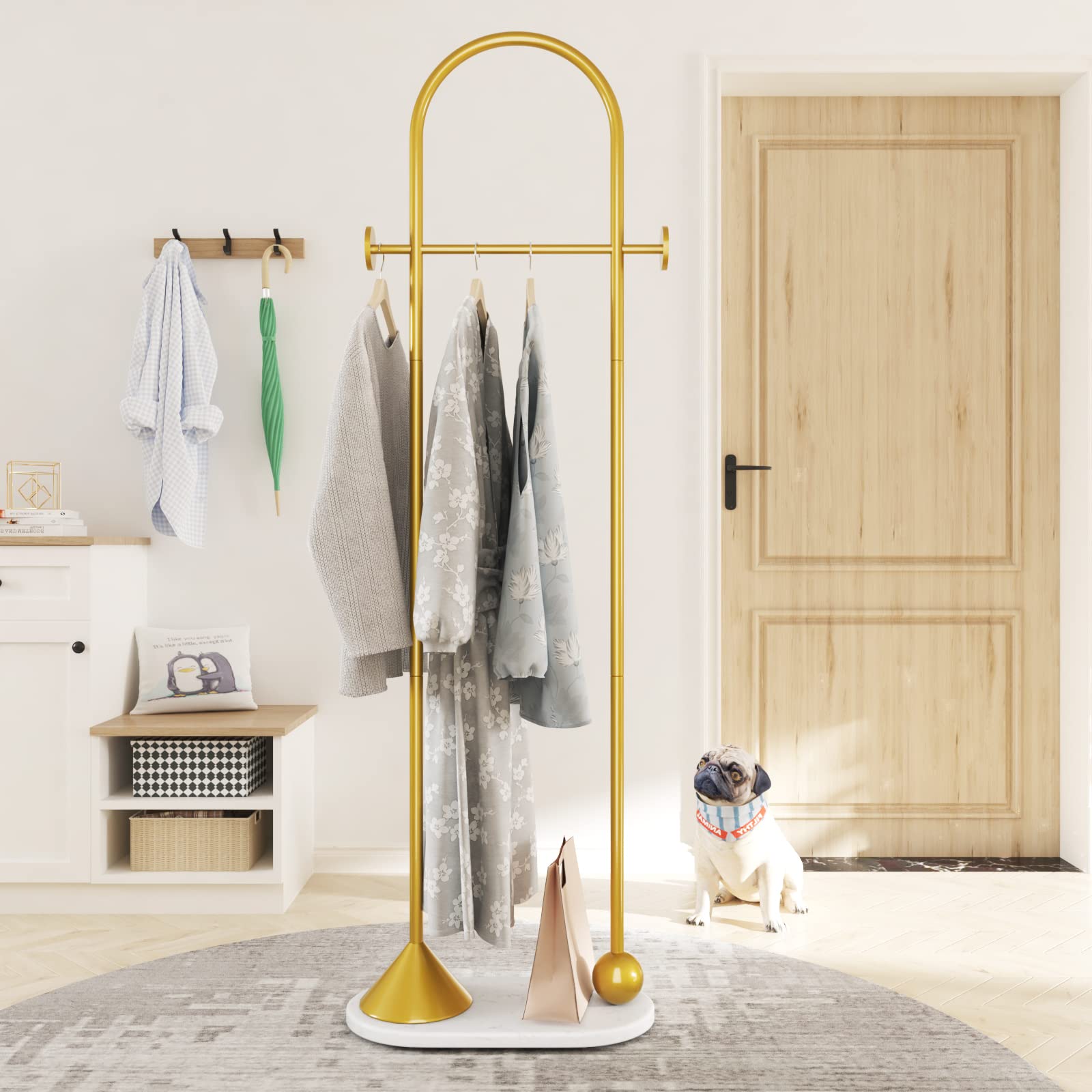 TIEOU Freestanding Metal Gold Coat Rack - Modern Entryway Stand for Hats, Jackets & Clothing | Perfect for Small Spaces, Apartments & Home Organization