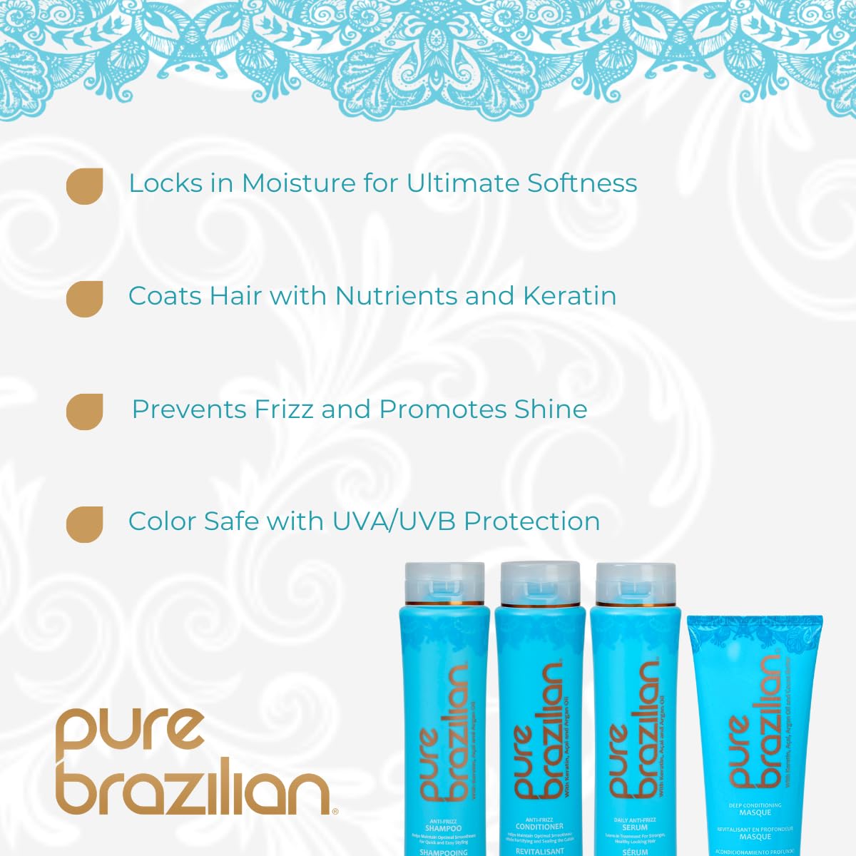 Pure Brazilian 4-Piece Hair Care Kit - Anti-Frizz Shampoo, Nourishing Conditioner, Hydrating Serum & Restorative Hair Mask for Smooth, Healthy Hair - Perfect for Dry, Damaged & Frizzy Hair Treatment at Home or Salon