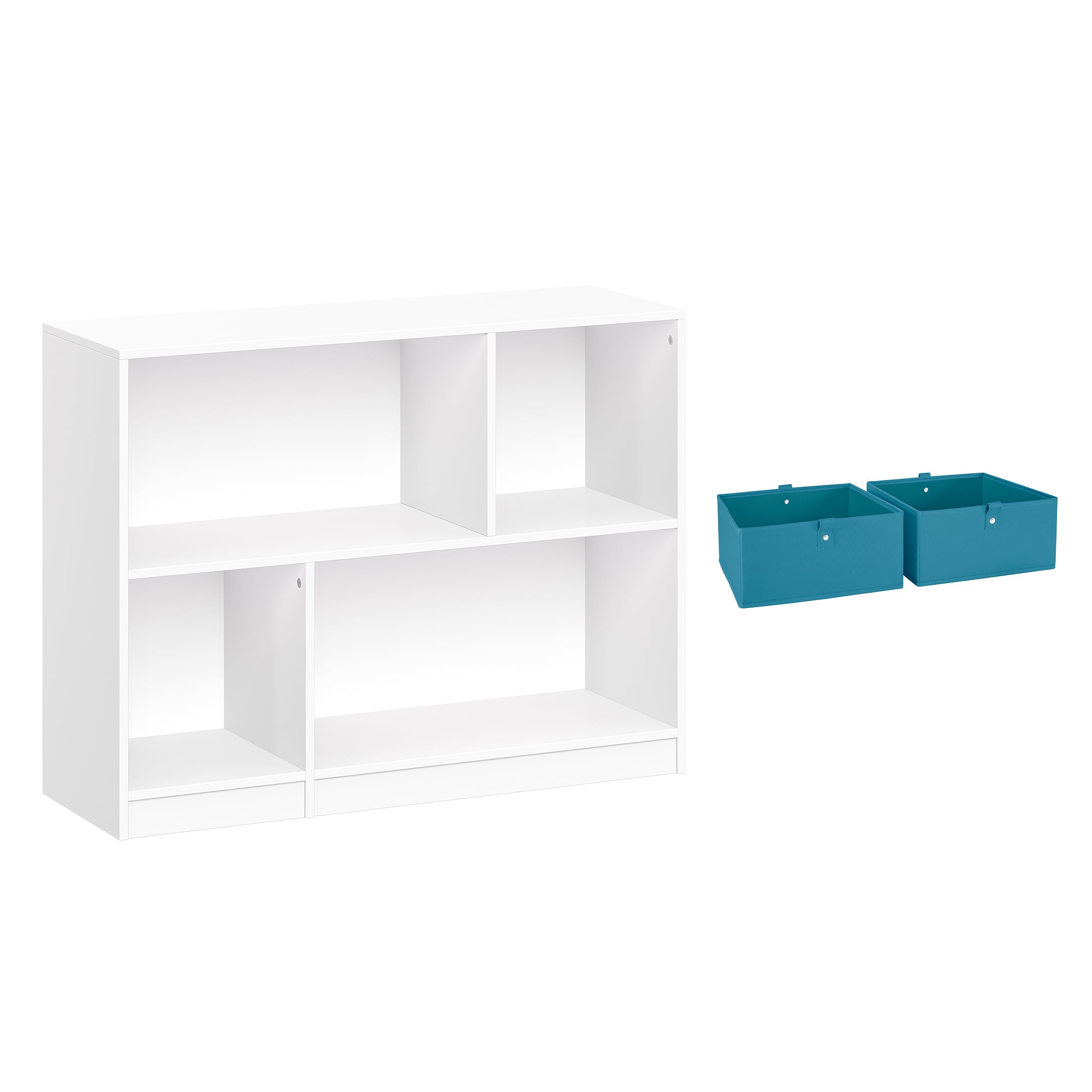 RiverRidge Kids Horizontal Bookcase Toy Organizer with 2 Shelves, Cubbies & 2 Turquoise Fabric Bins - Sturdy Wooden Toy Storage for Playroom, Books and Games - Perfect for Nursery, Classroom & Kids Bedroom Organization