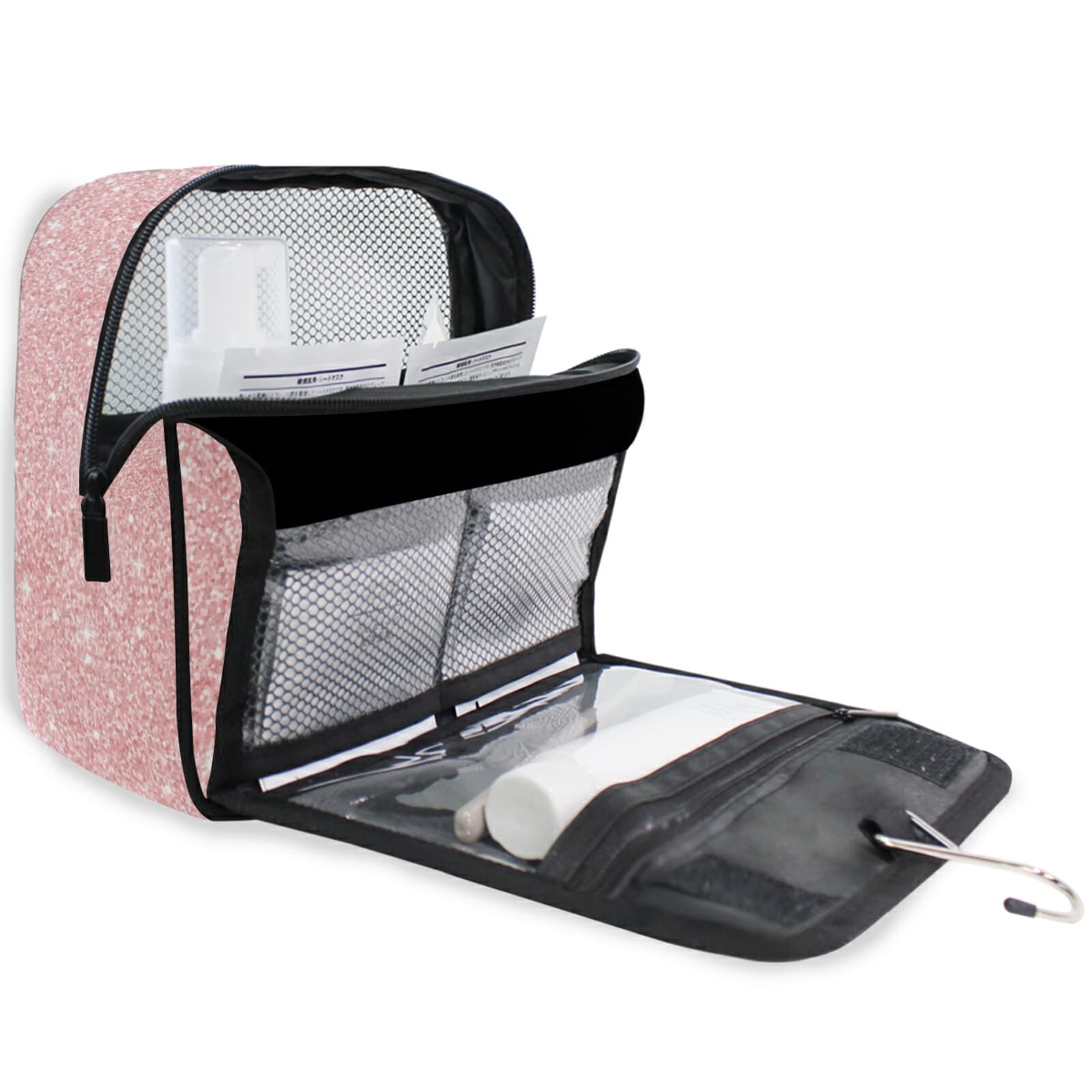 Custom Light Pink Glitter Personalized Travel Hanging Toiletry Bag - Large Waterproof Makeup Organizer for Women & Girls - Perfect for Cosmetics, Toiletries, Travel & Gym Essentials