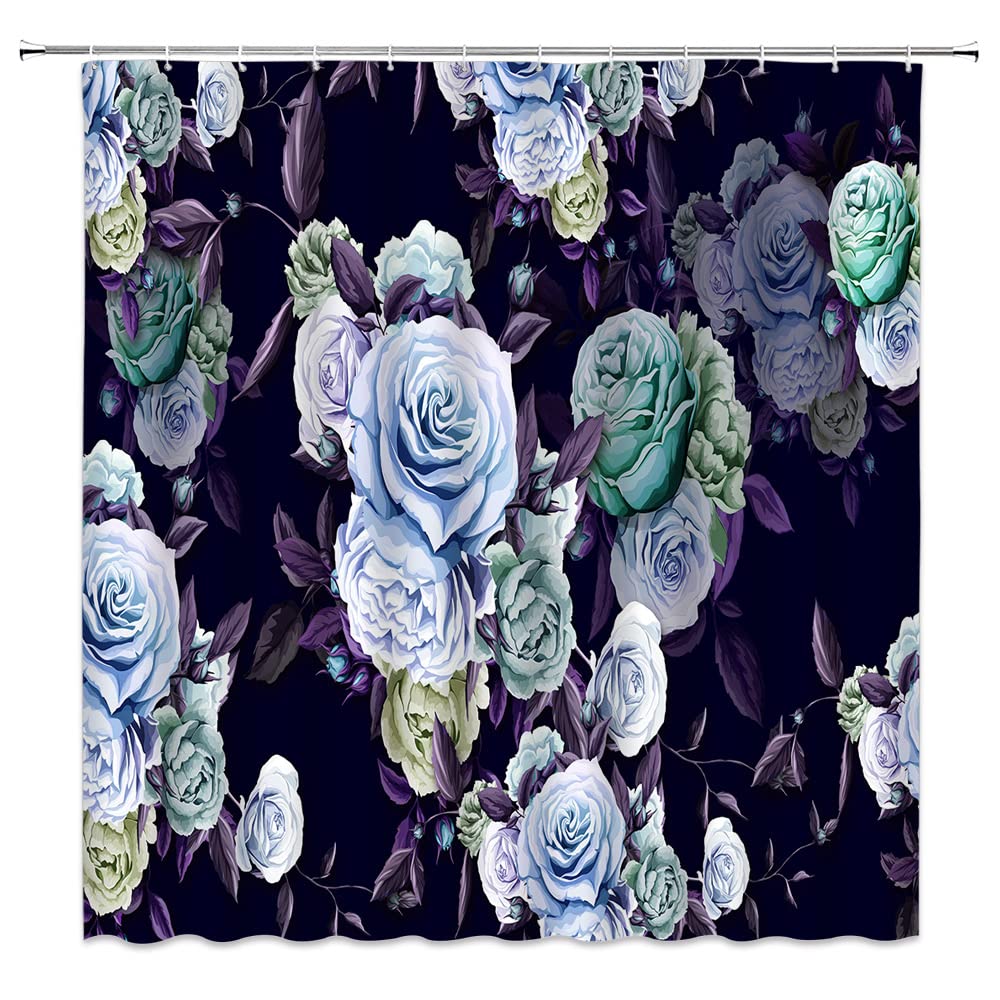Black Floral Shower Curtain - Watercolor Rose Flowers Design, Rustic Vintage Floral Bouquet, Elegant Natural Spring Blossom Boho Art Fabric Bathroom Decor Set with Hooks | Perfect for Farmhouse, Vintage & Boho Style Bathrooms