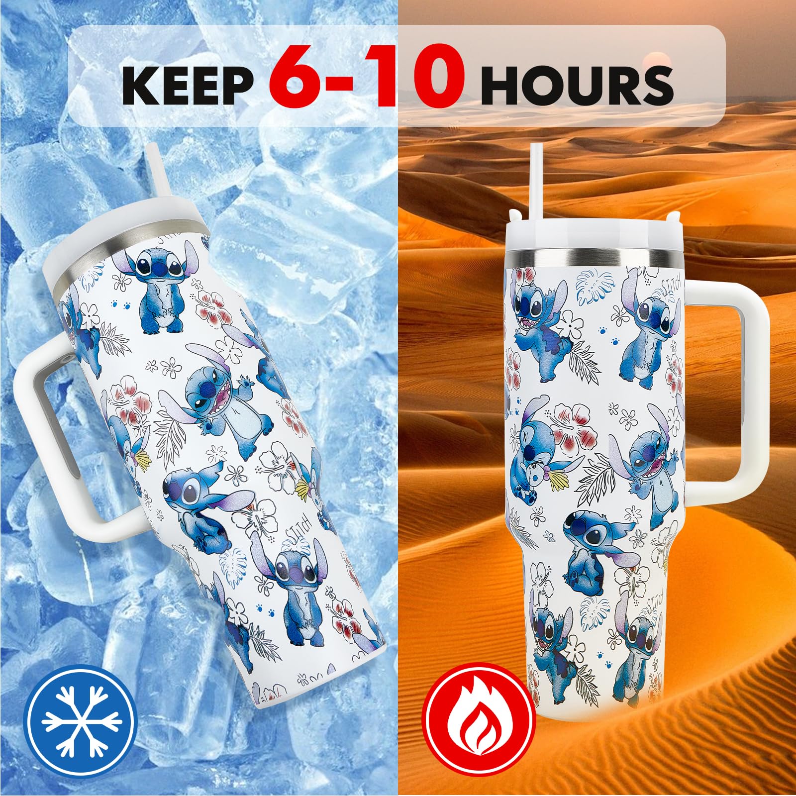 Stitch Stainless Steel Tumbler with Handle & Straw - 40oz Insulated Cup Holder Friendly Travel Mug - Perfect for Disney Lovers, Office, Gym & Outdoor Activities