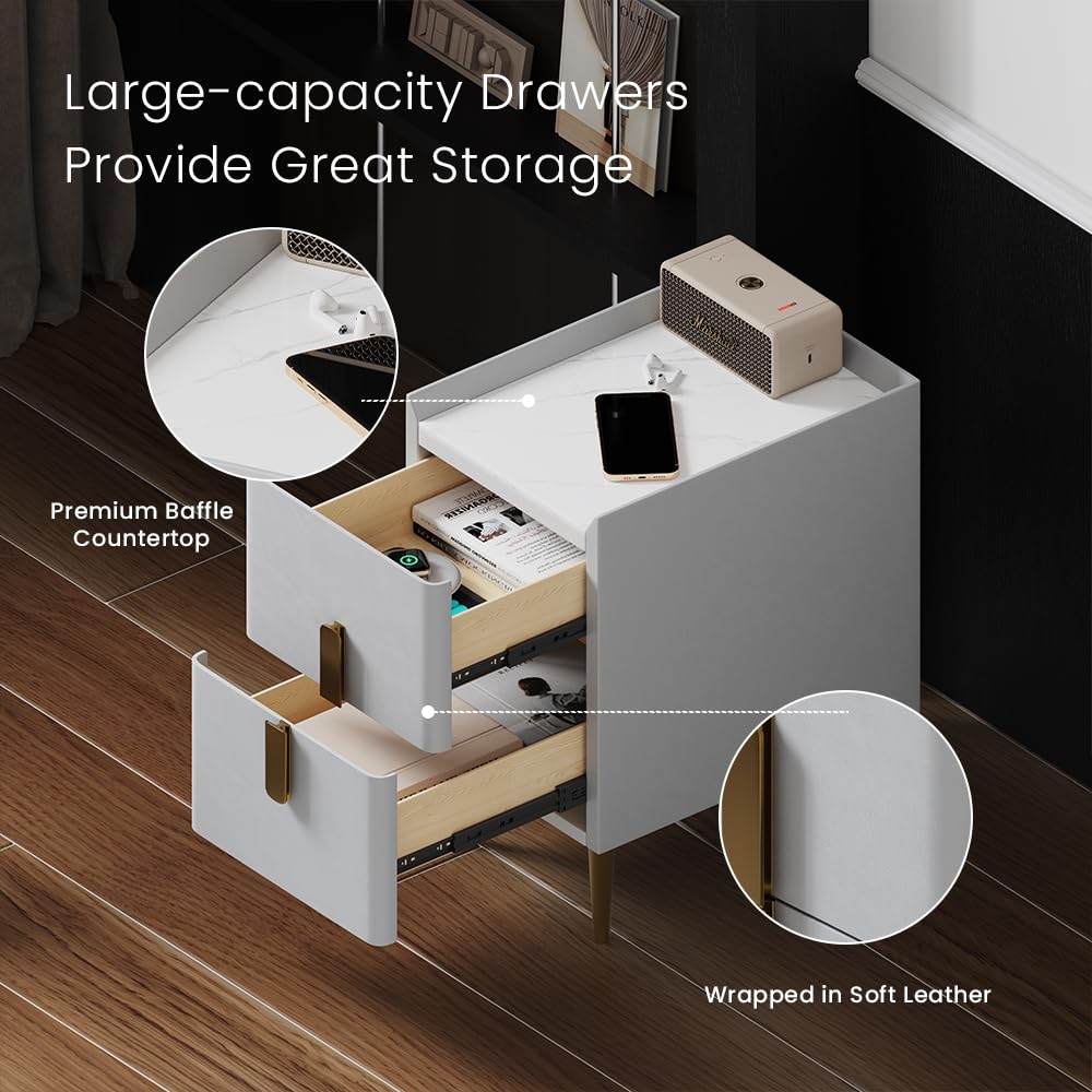 Modern White Narrow Nightstand with 2 Drawers - Sintered Stone Tabletop & Stainless Steel Legs - PU Leather Bedside Table for Bedroom, Living Room - Compact End Table for Small Spaces (1 Piece)