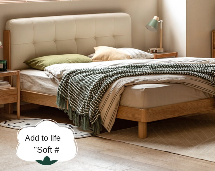 Solid Oak Wood Nordic Soft Back Bed - Modern Minimalist Design for Bedroom & Guest Room