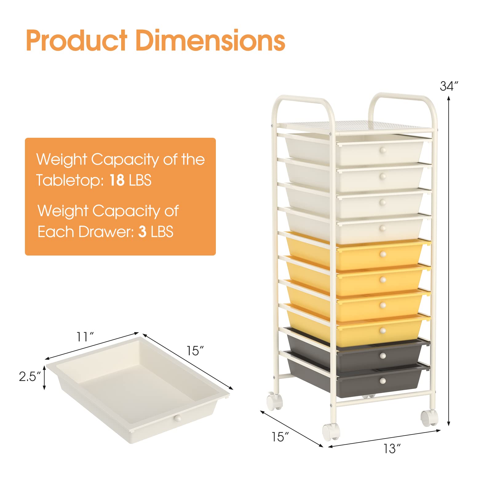 RELAX4LIFE 10-Drawer Rolling Cart with Lockable Wheels - Slim Mobile Storage Organizer for Classroom, Office, Craft Room - Perfect for Art Supplies, Paper, Scrapbooking & School Materials (Yellow) | Ideal for Teachers, Students & Home Organization