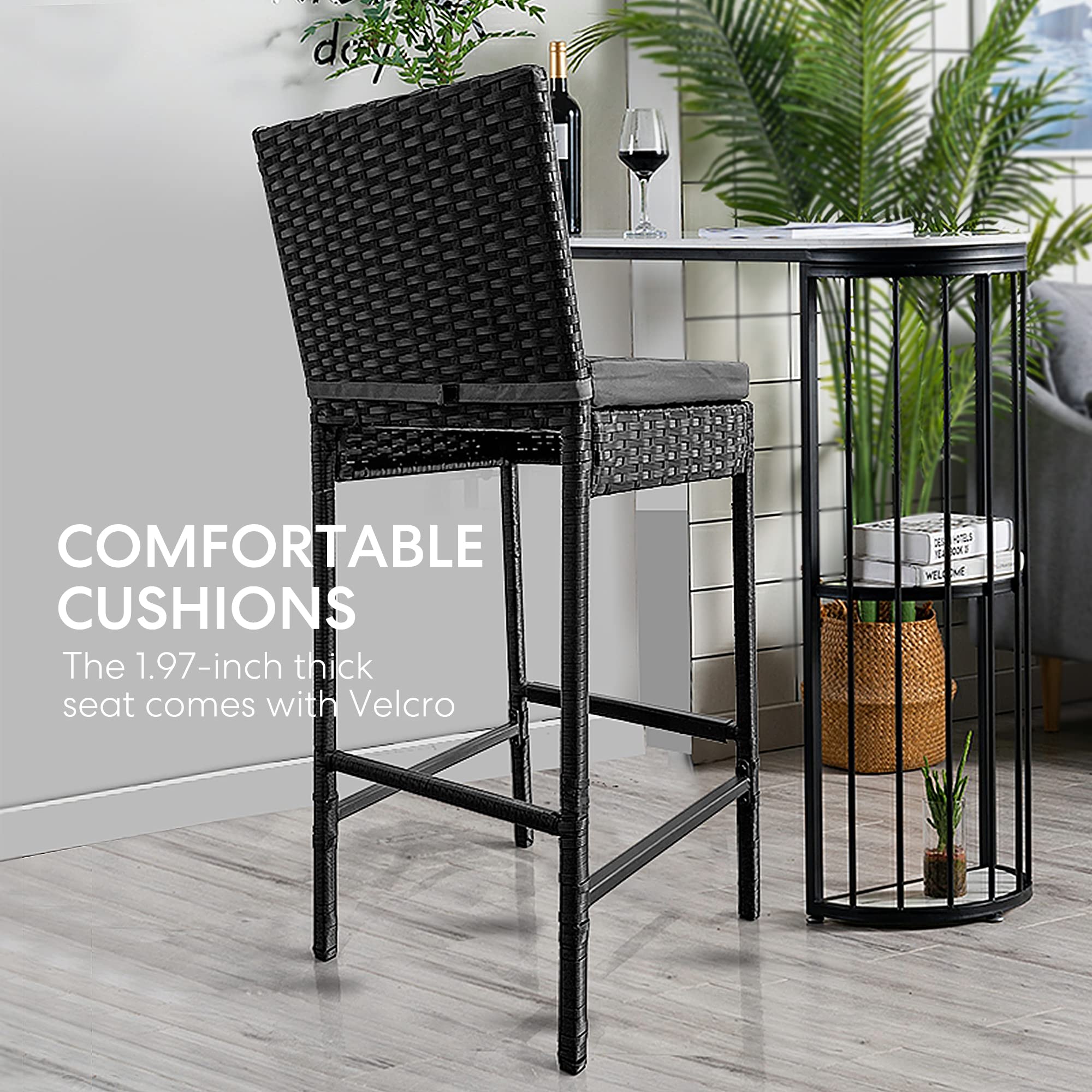 VIVOHOME 4-Pack Outdoor Wicker Bar Stools - PE Rattan Bar Chairs with Cushions, Black - Perfect for Patio, Deck, Garden & Poolside Seating