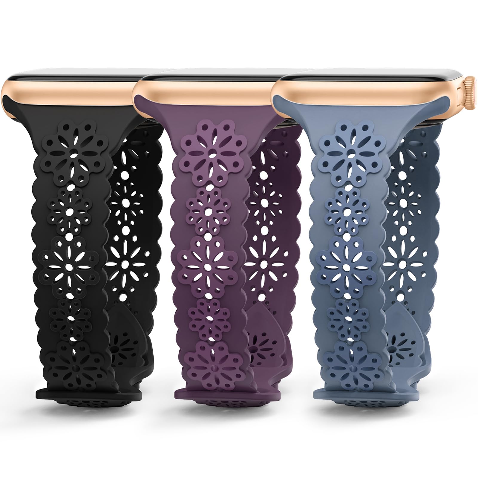 3 Pack Elegant Lace Silicone Bands for Apple Watch 38mm 40mm 41mm 42mm 44mm 45mm 49mm - Slim Engraved Sport Replacement Straps for Women, Compatible with Series Ultra SE 8 7 6 5 4 3 2 1 - Perfect for Workouts, Office & Everyday Wear