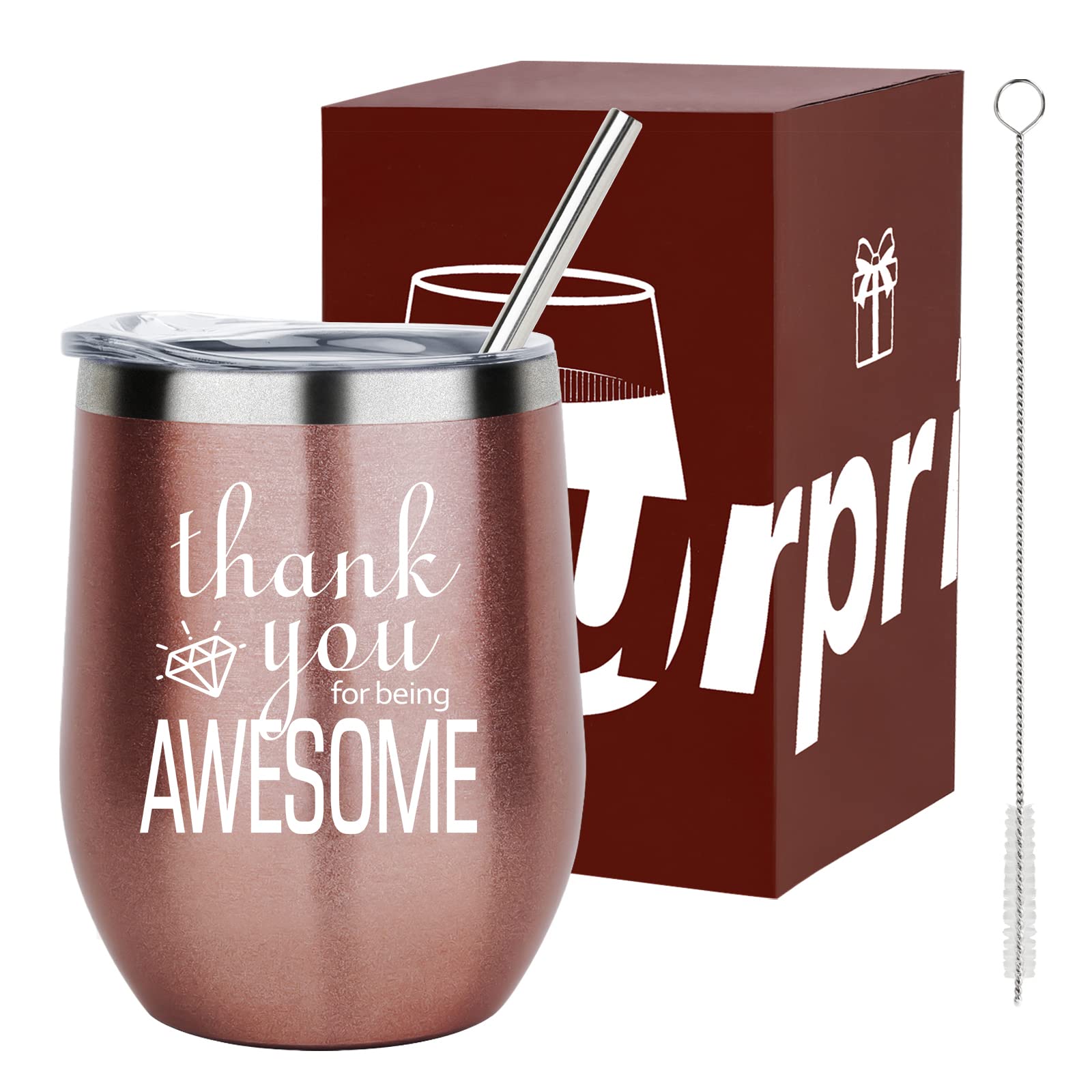 Thank You Wine Tumbler 12oz with Lid & Straw - Rose Gold Insulated Cup for Women, Men, Coworkers | Perfect Birthday, Christmas, Thanksgiving Gift | Great for Office, Home, Travel & Outdoor Use